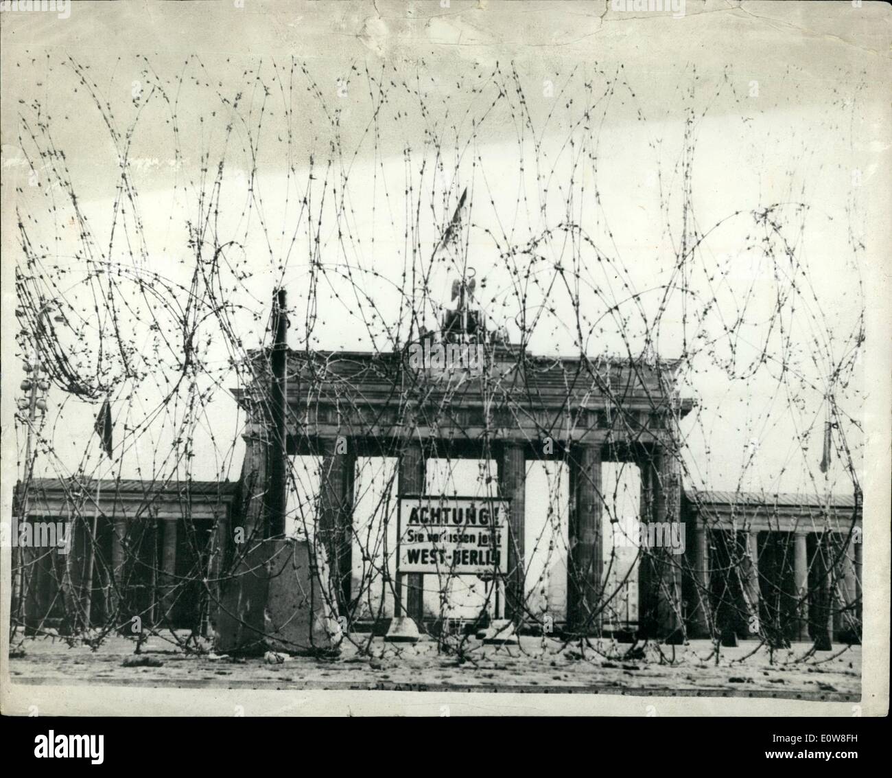 Nov. 11, 1961 - Now There's Barbed Wire On Both Sides Of The Brandenburg Gate: Barbed wire was put up on the West side of the Brandenbug Gate in Berlinbu order of the British Military Government of Berlin. A spokesman said that this was only done as ''a safety measure'. Photo shows the barbed wire on the British side of the Tor. Stock Photo