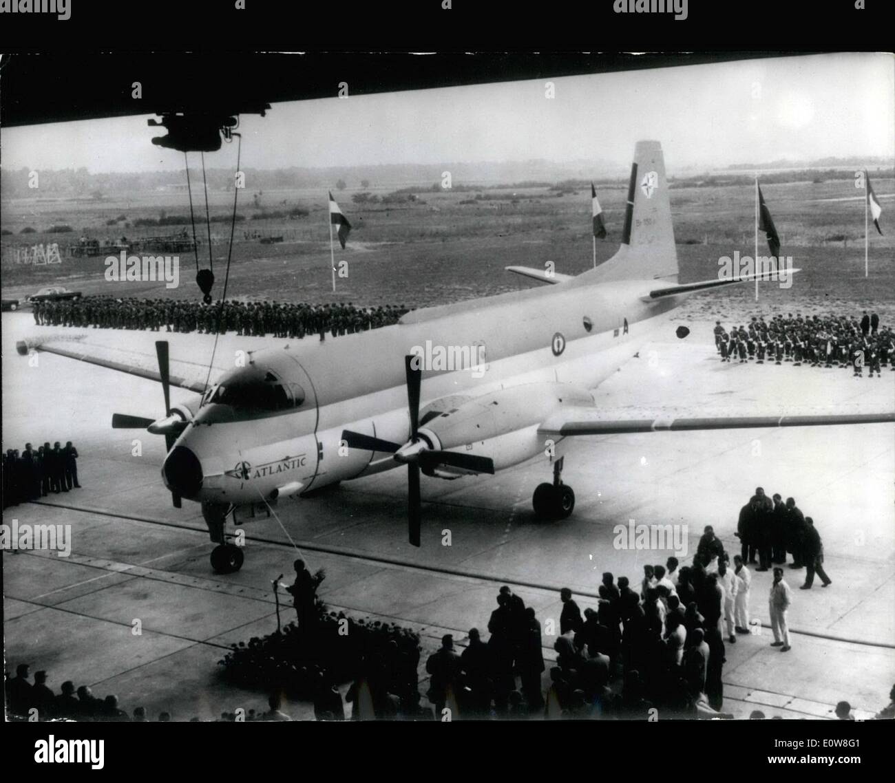 Nov. 11, 1961 - Atlantic'' - NATO's new plane presented at Toulouse: Atlantic, NATO's new plane chiefly intended for reconnaissance and anti-submarine missions was presented to the press to Toulouse colomiers yesterday. The new 40-ton plane has flight capacity of 12 to 18 hours, a Maximum speed of 615 kilometers p.h. and its field of action exceeds 9.000 kilometers. It was constructed by Breguet in collaboration with NATO countries firms. Photo shows Atlantic pictured during the demonstration at Toulouse yesterday. Stock Photo