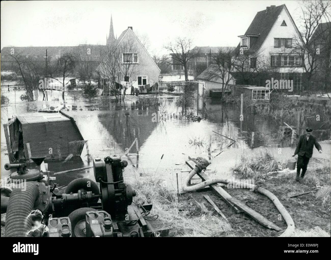 Feb. 02, 1962 - Also the fruit and vegetable gardeners of Hamburg: Sustained total loss from the flood-disaster. The Dike at Hamburg moor fleet was the first to break. Units of the fire-brigade work night and day to pump the district as free as possible. In Hamburg Moor fleet they struggle with huge water-pumps against the accumulated water masses. Stock Photo