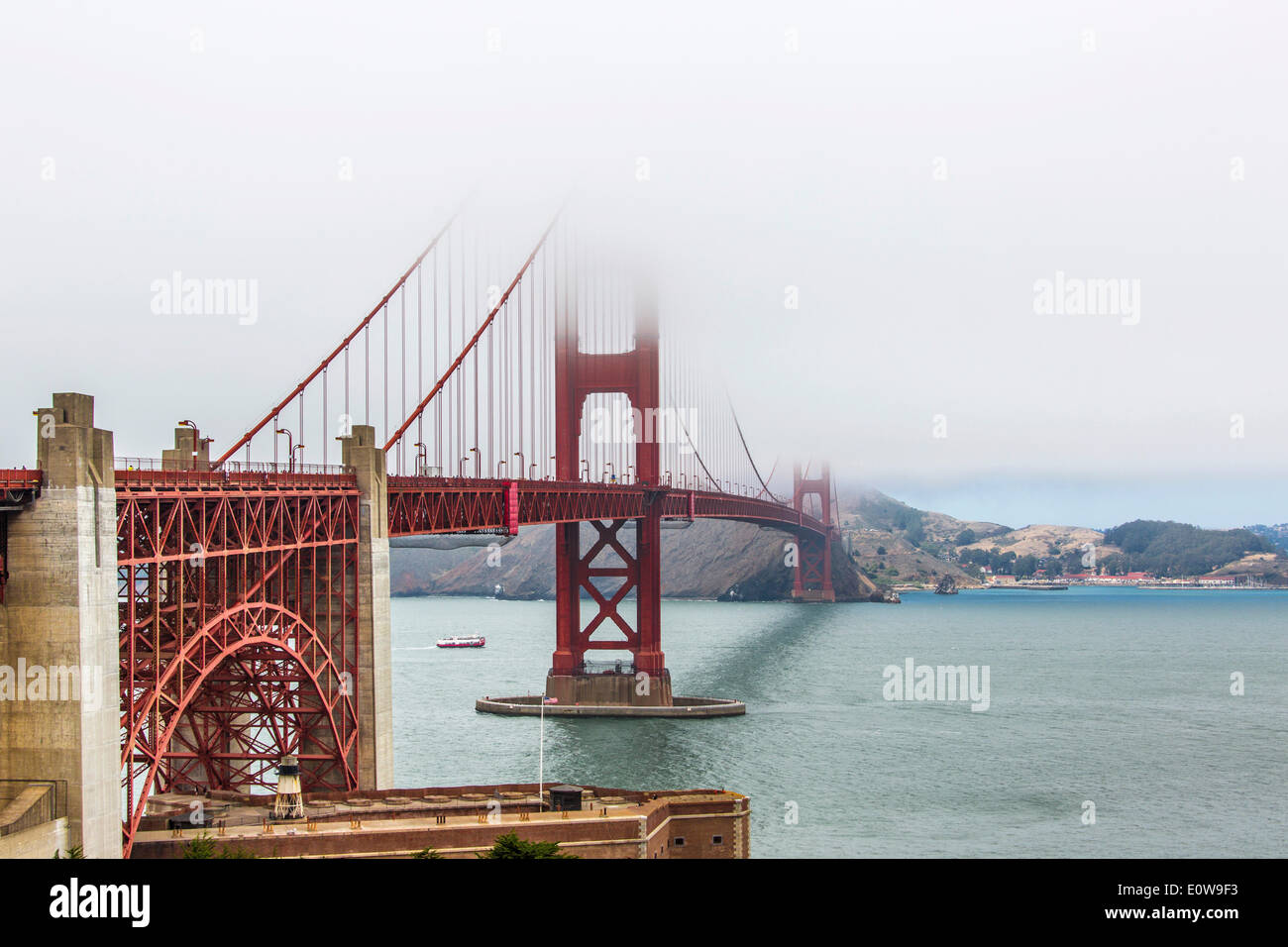 Golden Gate Bridge in fog, San Francisco, California, United States Stock Photo