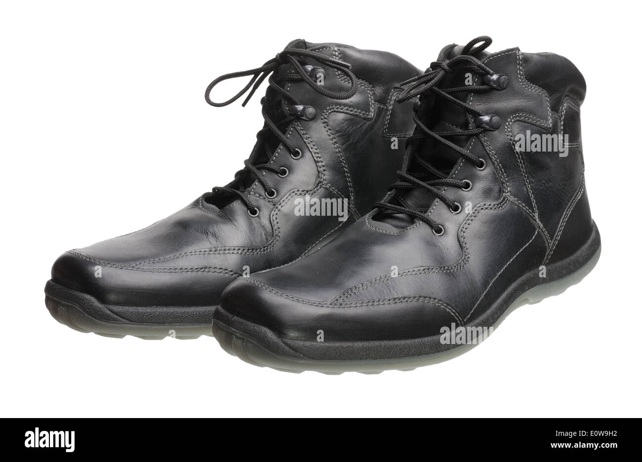 Men black leather shoes with laces, isolated on a white background. Stock Photo