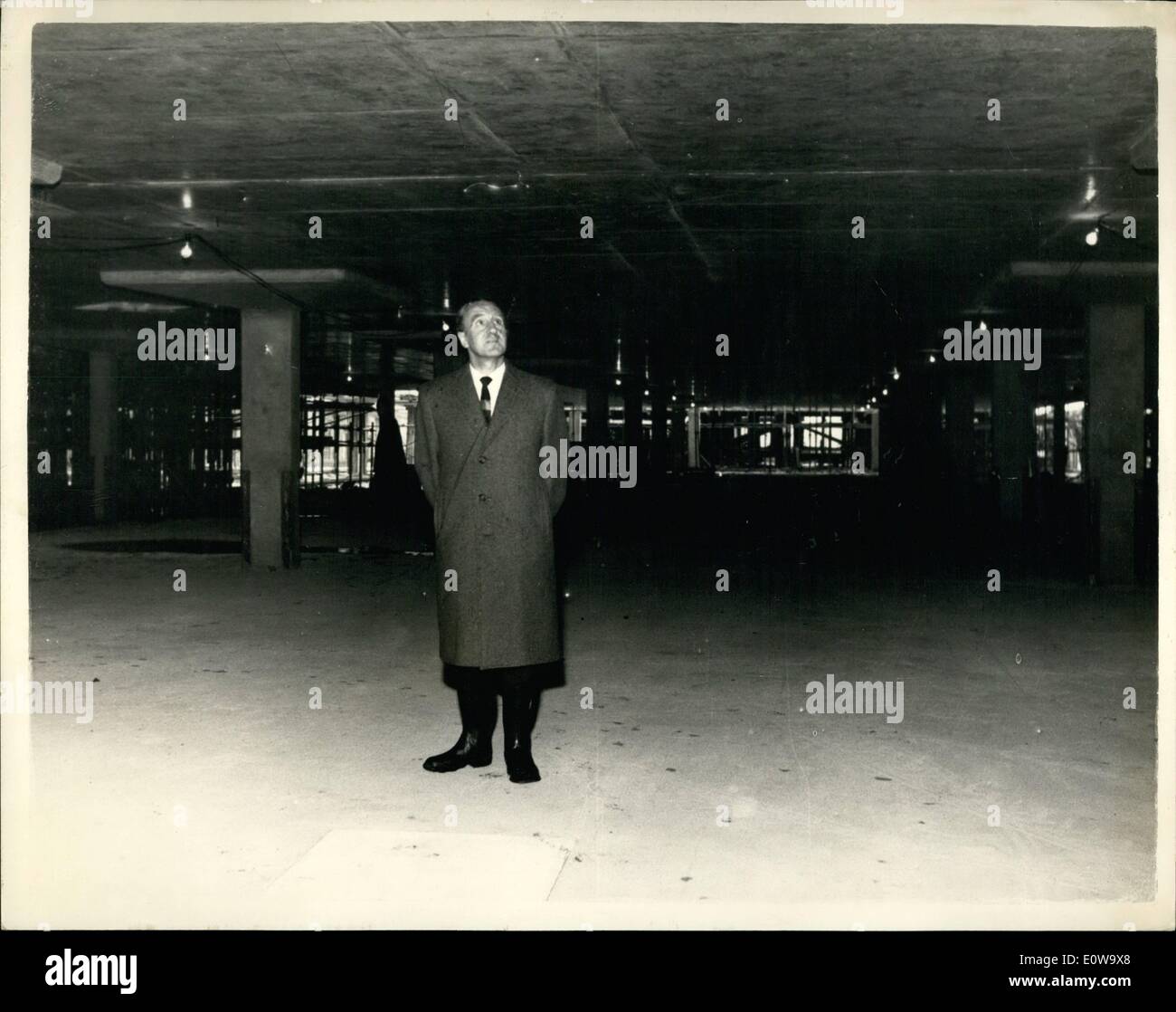 Apr. 04, 1962 - BAN-THE-LORRIES MARPLES TODAY INSPECTS UNDERGROUND CAR PARK Minister of Transport ERNEST MARPLES - who, today, announced that he will be lorries from the congesten streets of the City of London - at noon inspected the work on prograss on the 1,000-Car Hyde Park underground car park which is to be ready before christman. PHOTO SHOWS: MARPLES stands alone in the underground car park duing his vist today. Stock Photo