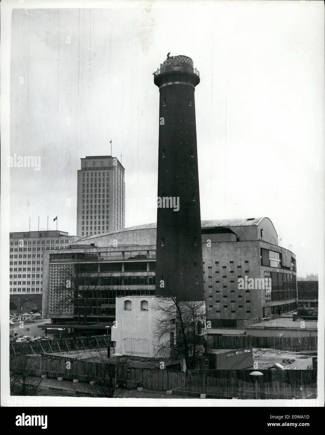 Mar. 03, 1962 - Famous London Landmark Starts To Come Down. Demolition of The South Bank Shot Tower. One of the most famous of London's Landmarks - the Shot Tower at South Bank - is now being demolished - to make room for a new concert hall.. The Tower is 200 ft. tall - and the walls at the base are about three feet thick. It was built 136 years ago - by David Riddall. Stock Photo
