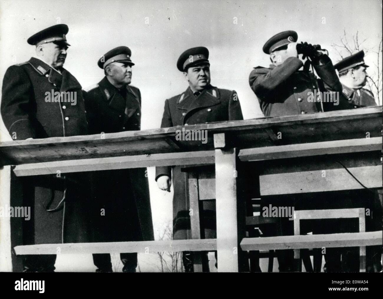 Apr. 04, 1962 - Manoeuvre in Hungary In Hungary, manoeuvres are now held by the Warsaw Treaty states. Our picture shows (left to right): Soviet Minister of Defence Marshall Malinowski, Hungarian Deputy Minister of Defence Lt. Gen. Gyula Uszta, Hungarian Minister of Defence Col. Gen. Lajos Czinege ad the Romanian Minister of Defence Army Gen. Leontin Salajan. Stock Photo