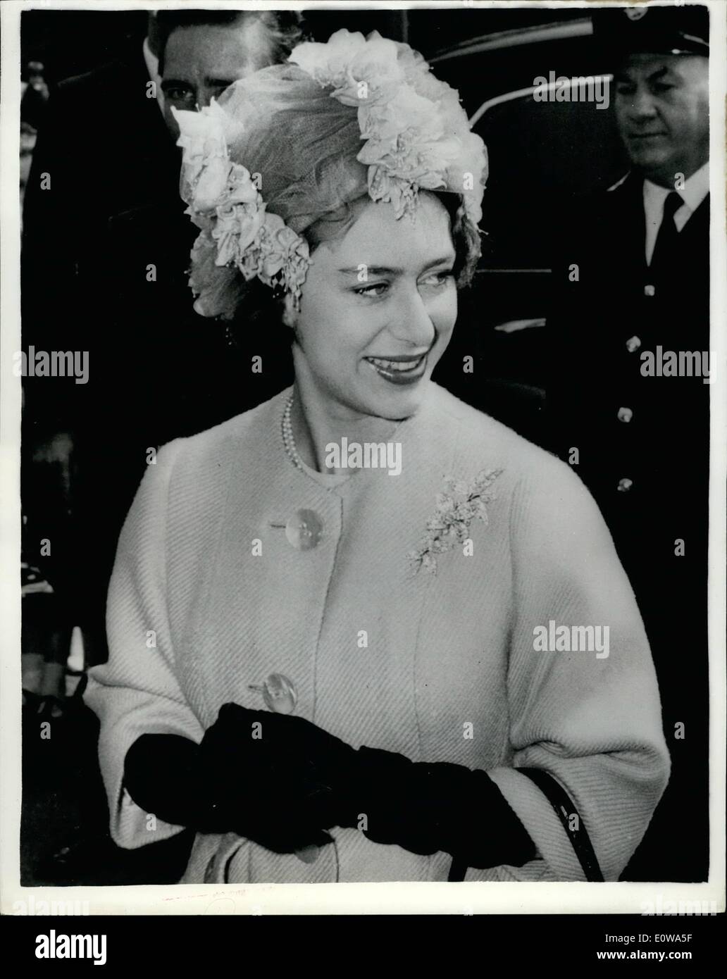 Apr. 04, 1962 - Princess Margaret Visits Works: Princess Margaret and Lord Snowdon today visited the Vickers- Armstrong (Aircraft) factory at Waybridge, Surrey. They inspected the first giant VC10 jet airliner which is to make its maiden flight later this year. Photo shows Princess Margarett on arrival at the works. Stock Photo