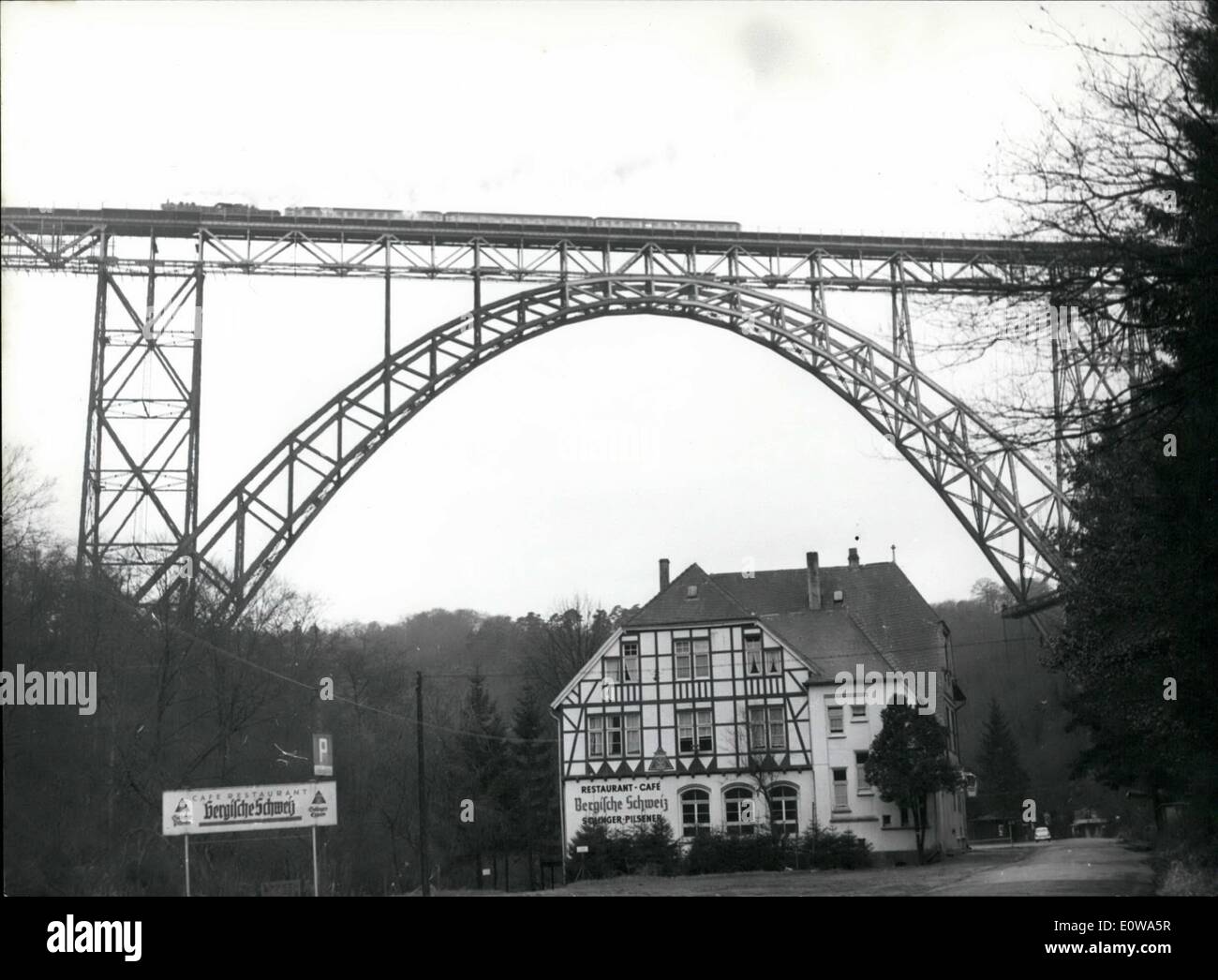 Apr. 04, 1962 - A old railway-bridge has birthday: 65 years old is the ''Mingstener-Brucke''. 1897 the build of the 104 meters hight and 500 meters long railway-bridge over the Wupper-River, was a real sensation, because first time there was employed a new revolutionary construction-method. In our days, 65 years after the bridge was build, she is alway used from the Bundesbahn. In summer she is one of the most frequentates object of interest in the district of the Wupper-River, because she is the hightest railway-bridge of Europe. Stock Photo