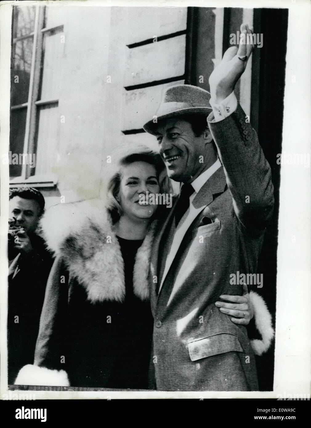 Mar. 03, 1962 - Rex Harrison marries Rachel Roberts: Film actor res Harrison, 53, married Rachel Roberts, 34, one of the stars of Saturday night and Sunday morning, in a civil ceremony at Genoa, Italy, this week. It is his third marriage and her second. he is portraying Julius Caesar in the film Cleopatra, now being made in Rome. Photo shows the couple after the wedding. Stock Photo