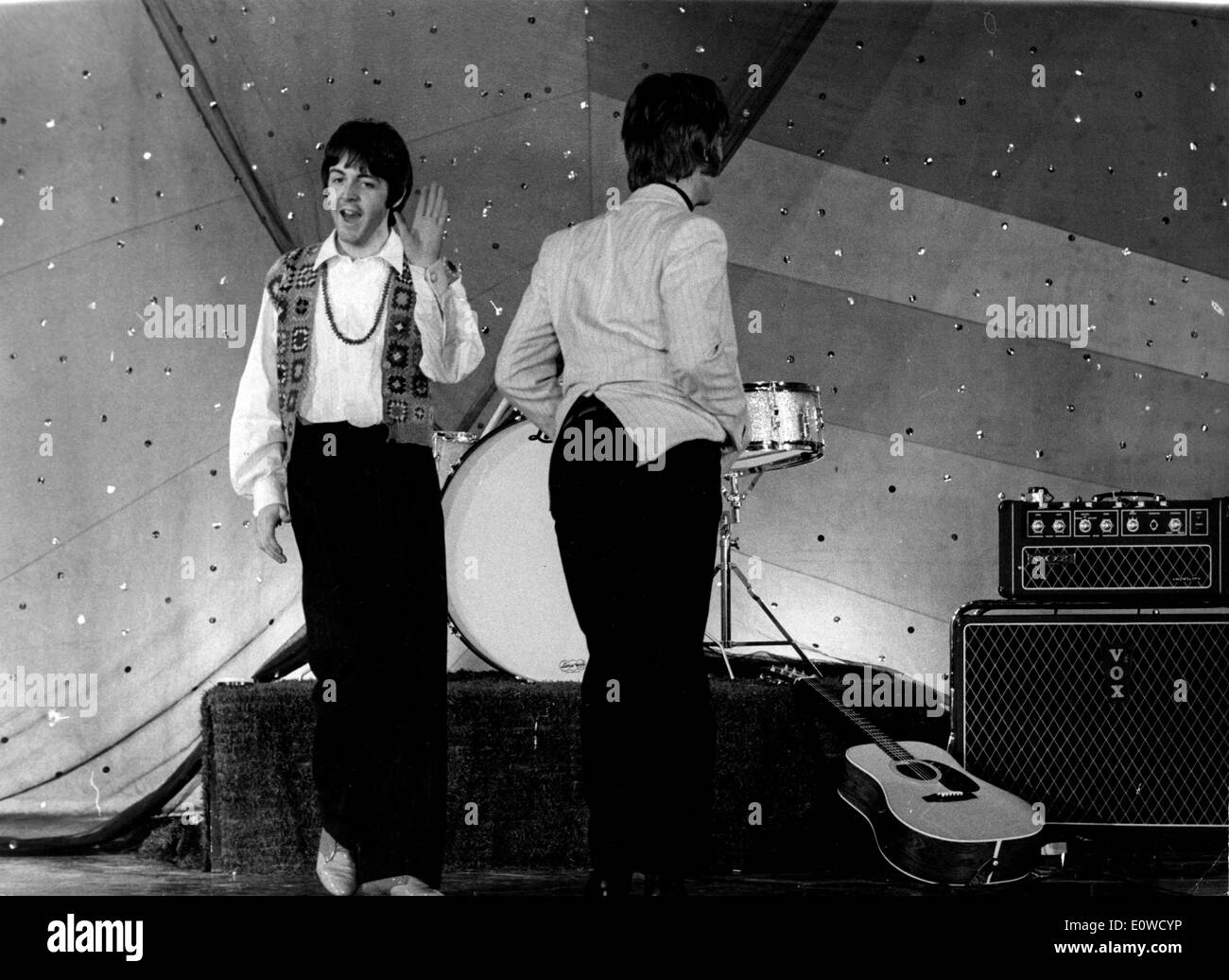 The Beatles members Paul McCartney and John Lennon performing 'Hello, Goodbye' Stock Photo