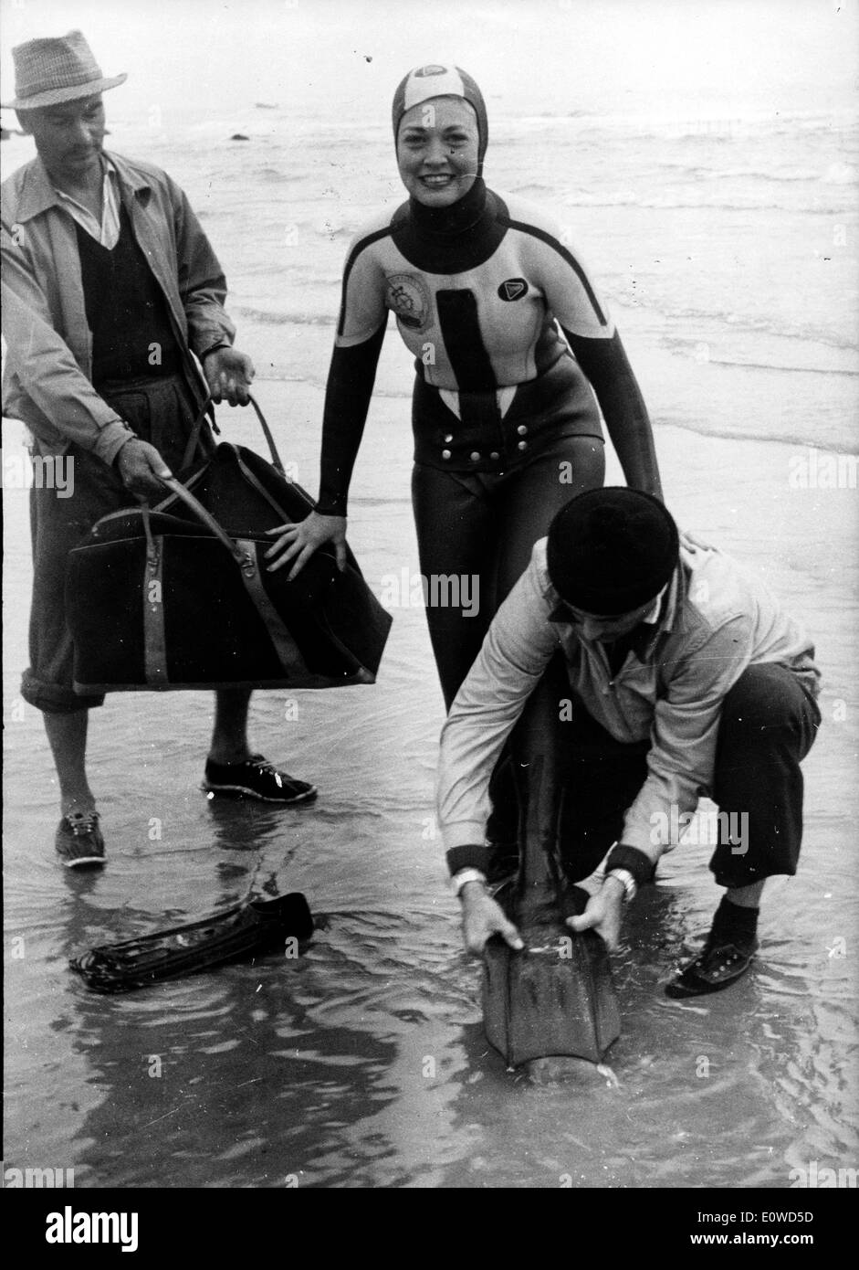 Jane Baldasare coming out of the water after scuba diving Stock Photo