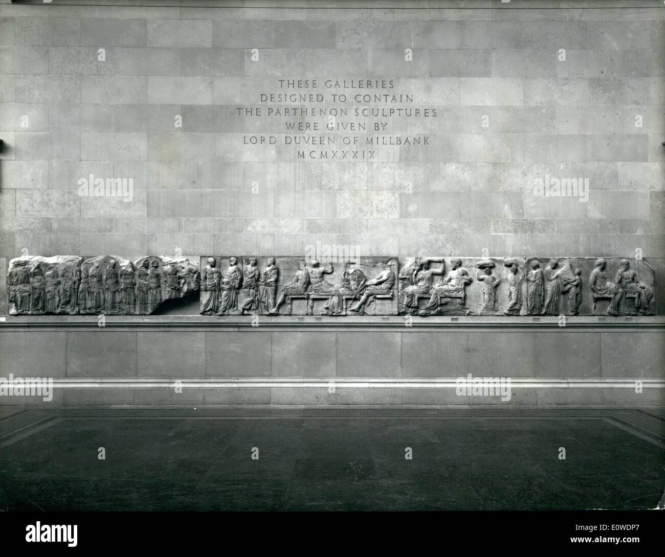 Jun. 06, 1962 - New Home for Greek Marbles: The Gallery presented to the British Museum by the late Lord Duveen of Millbank, containing the sculptures of the Partheon (the Elgin Marbles) is being officially opened this afternoon by the Archbishop of Canterbury. The Elgin Marbles have been cared for the British Museum since 1816, &pound;74,000 having been spent on acquiring and transporting them to England. The Duveen gallery was completed in 1938 at a cost of &pound;100,000, seriously damaged by bombing in 1940 and restored last year Stock Photo