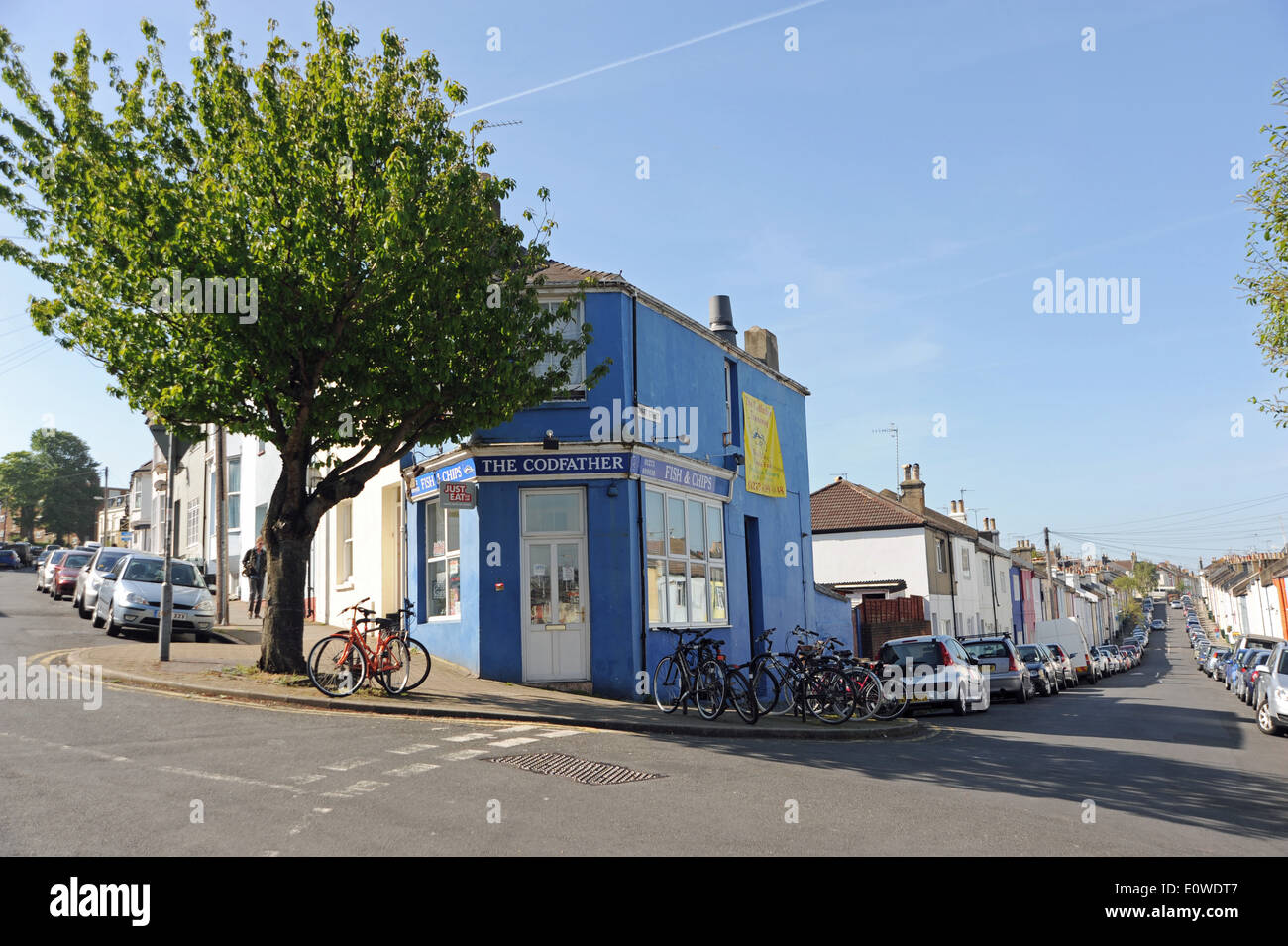 The Codfather Fish and Chip Shop on the corner of Islingword Road and Ewart Street in Hanover area of Brighton Stock Photo