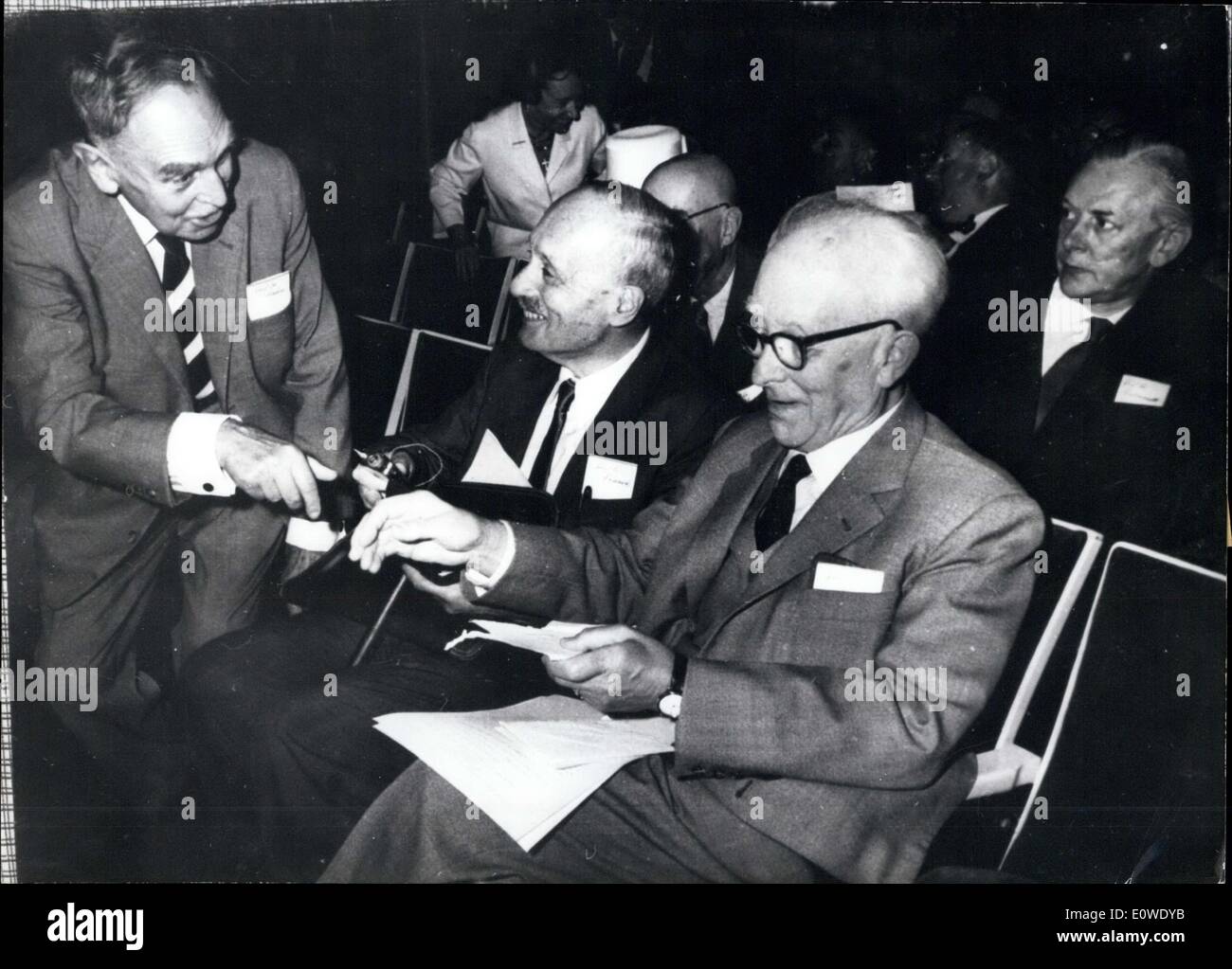 Jun. 26, 1962 - 12th Congress of Nobel-Prize bearers in Lindau: On June 25th, 1962, the 12th Congress of Nobel-Prize bearers began in Lindau at Lake Constance (Southern Germany). This time, the theme of the congress is ''Physics'', and about 22 Nobel-Prize bearers take part in this meeting. Photo shows (left to right) Prof. Otto Hahn (HAHN) of Goettingen, Germany; Prof. James Franck (FRANCK) who had been at Goettingen some time ago and who is now at Durham, North Carolina/USA; Prof. Max Born (Born), Bad Pyrmont, Germany; on right in second row Prof Stock Photo