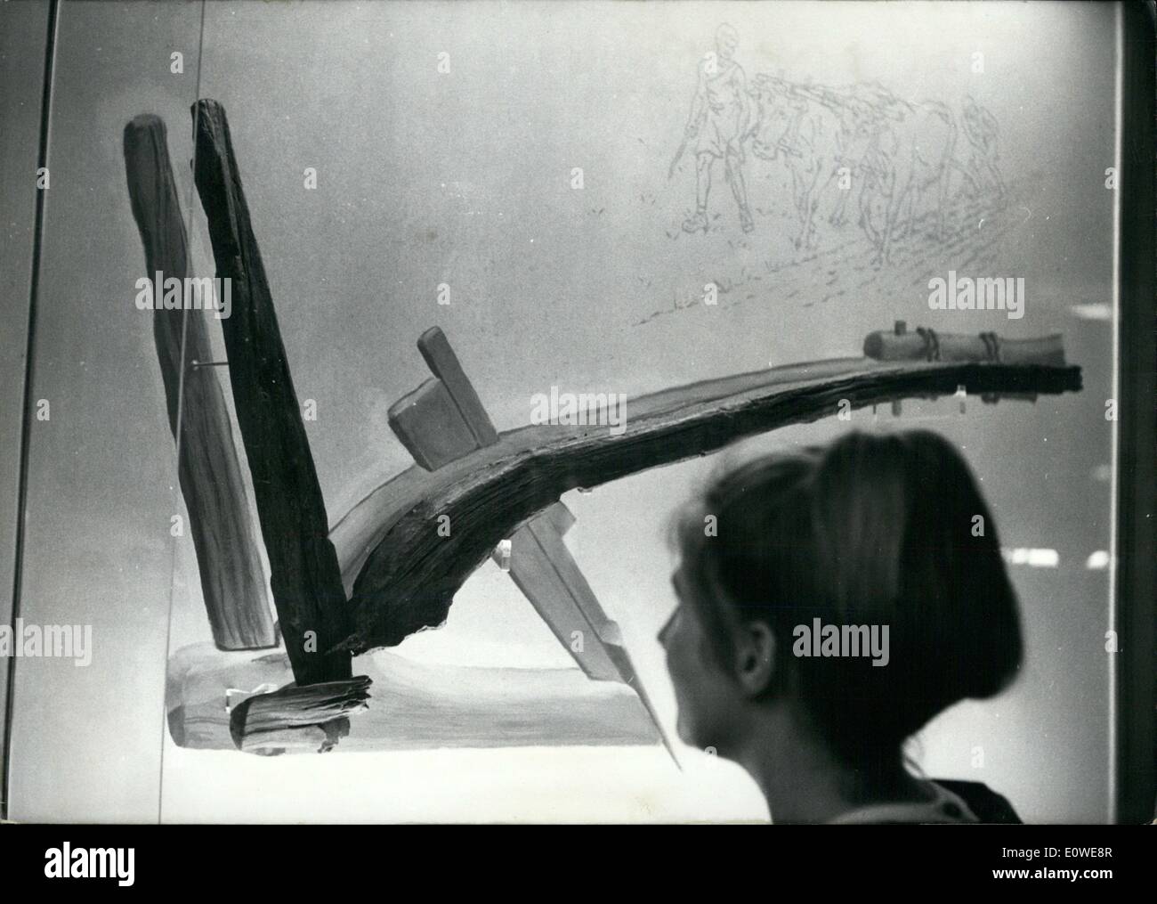 Oct. 10, 1962 - Prehistoric plough in the Charlotenburg castle: The museum for prehistory and precocity history in the Charlottenburg Castle in Berlin is showing a special exhibition of new incoming bits. Prehistoric funds were mostly a very expensive matter for all museums, but Berlin had good luck! In gravel-pits and subway sites prehistoric things could be founded. Photo shows a plough from the time about 500 years before Christ, which was founded during the working in the Steinberg lake in Berlin Reinickendorf. Stock Photo