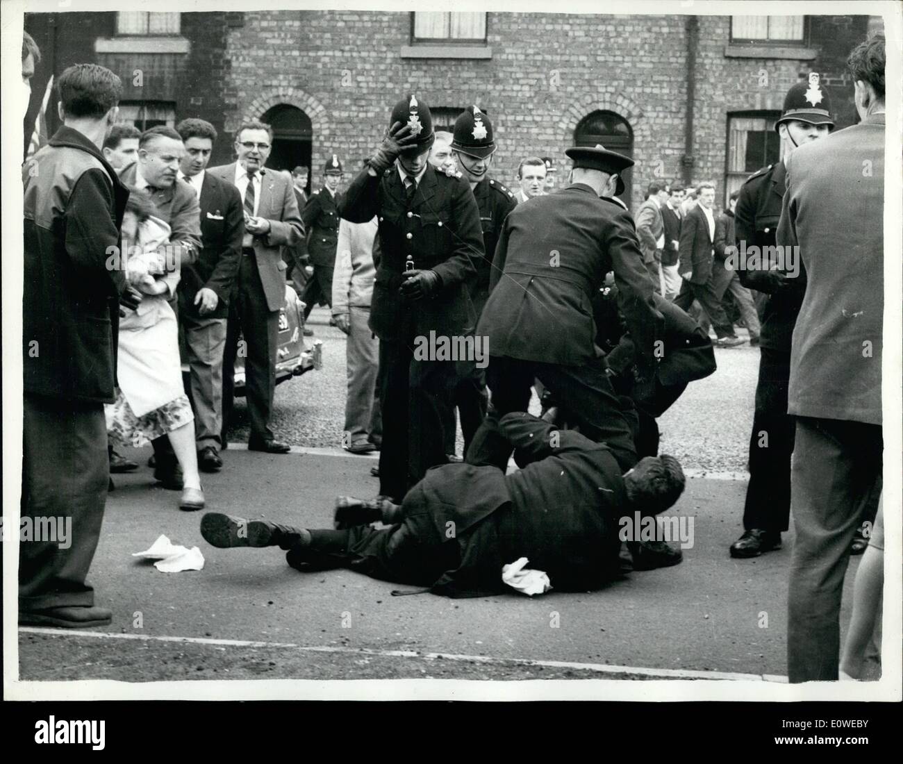 Jul. 07, 1962 - Fascist Leader Mosley Mauled By Crowd: Sir Oswald Mosley was knocked to the grand during a meeting of his Union Stock Photo