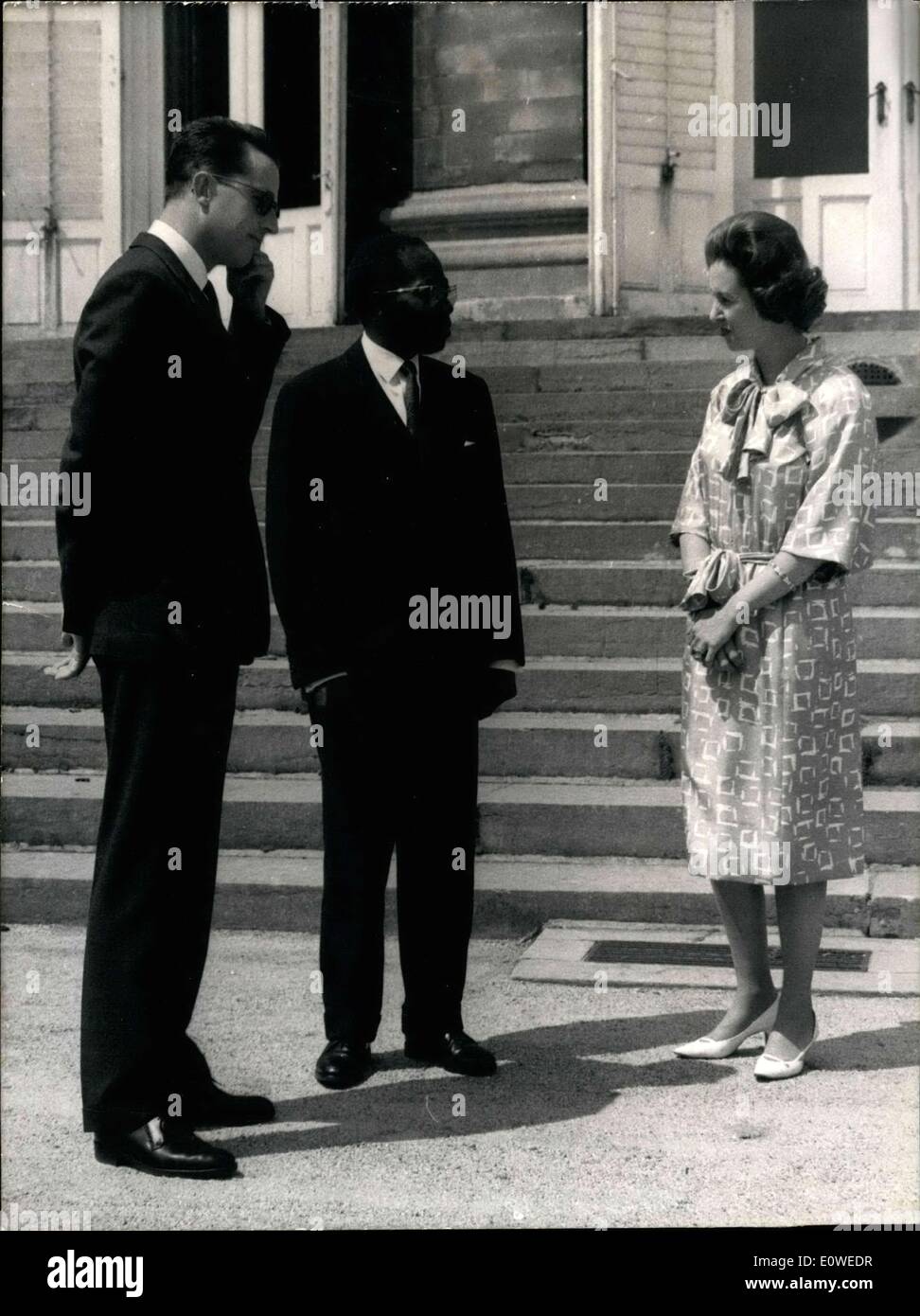 Jul. 24, 1962 - Senegal president, Leopold Senghor, is in Brussels on a private visit. Yesterday he was received by the king and queen at Laeken Chateau. Here is Senghor with King Baudouin and Queen Fabiola. Stock Photo