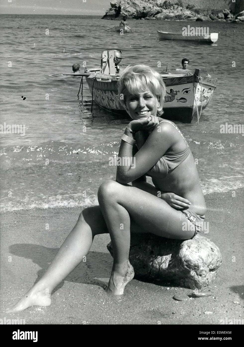 Jul. 26, 1962 - Sammy Gerry, a beautiful German actress pictured at Taormina, on the beach of Mazzard; Sammy ha 25 years old took part in 4 films and actually works at the Munich television, She is a good swimming champion a but her favorite sport is the driving car;in fact she won a competition in Germany driving a Mercedes. Stock Photo