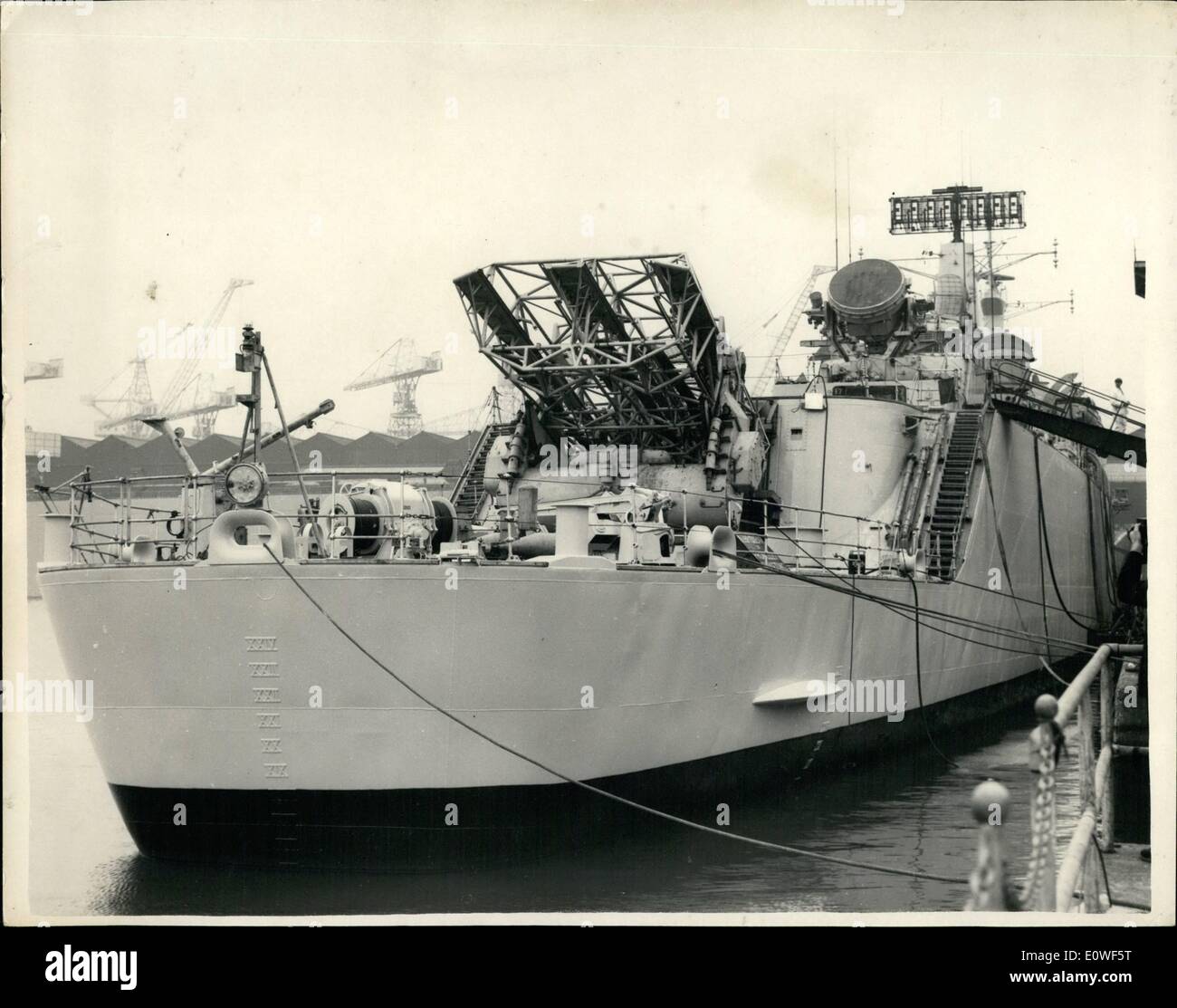 Oct. 10, 1962 - First Missile Destroyer Nears Completion: The Royal Navy's first fully anti-atomic ship, the super destroyer HMS Devonshire, is in Birkenhead after undergoing extensive trials in coastal waters. Devonshire, 5,000 tons, carries Seaslug and Seacat anti-aircraft guided missile equipment. She will be commissioned next month. Photo Shows: The storn of the ship, showing a launching pad with a Seaslug missile rrady for launching. Stock Photo