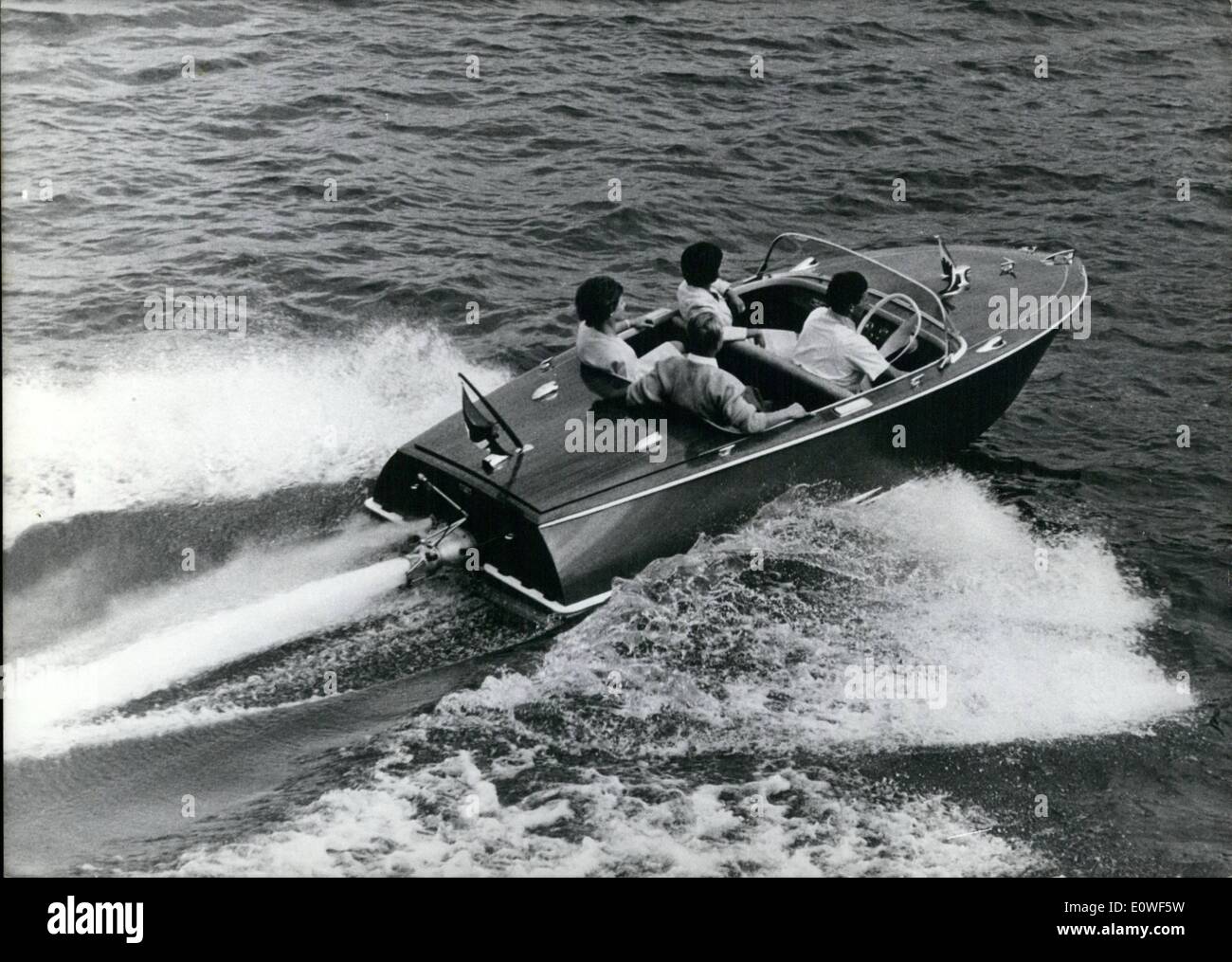 Oct. 10, 1962 - The novel propulation of this star-jet-boat depends on the recoil principle. Low-reaching propellers and the helm are replaced as the swivel-mounted jet which exits from the boat-rump above the water-line, operates by it's manoeuvrable and also for the steering. For this reason the boat is especially fit for driving in shallow waters. The turbine is driven by a 400 com-NSU/Wankel engine performing at 6000 turns /minute 43 PS and weighing only 87 pounds including the starter offering so a light source of power fit for favourable influence of the trim position. Stock Photo