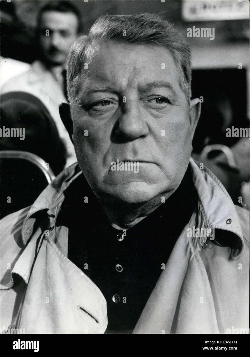 Nov. 03, 1962 - Under the direction of Henri Verneuil, Jean Gabin started filming ''Melody in the Basement'' in studios. Jean Gabin plays an old gangster who, after serving a prison sentence, is tempted to enter into another scheme so that he can retire as a wealthy old crook. Gabin is pictured here in a scene from the film. Stock Photo