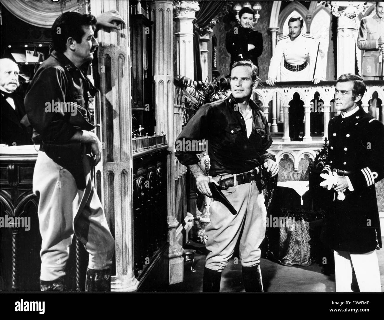 Actors Charlton Heston, Massimo Serato and Jerome Thor filming 'El Cid' Stock Photo