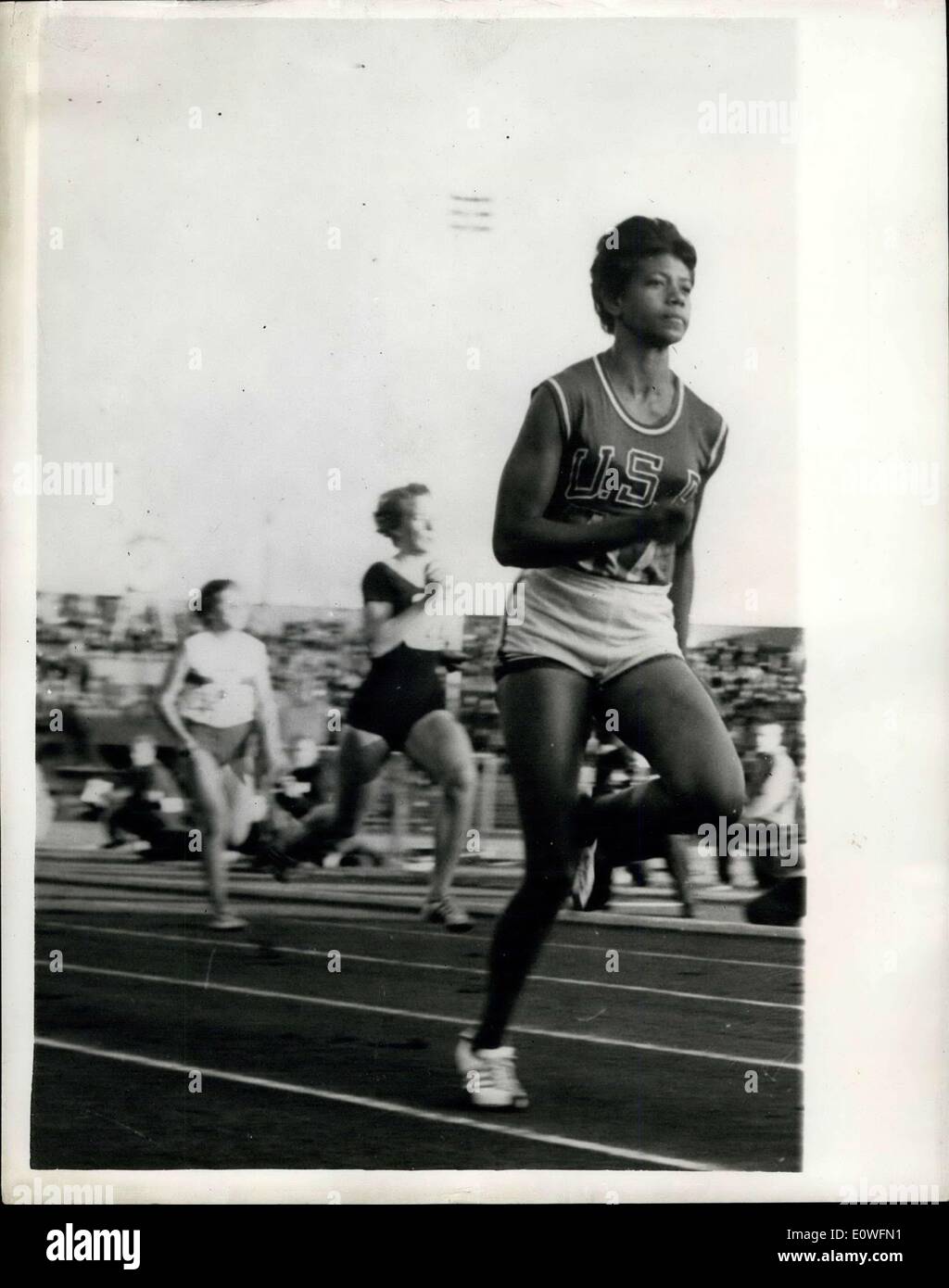 Aug. 31, 1962 - The Gazelle - on visit to Oslo: Known throughout the sporting world as The Gazelle - Wilma Rudolph the sensation American and Olympic athletic champion received a great ovation when she ran on the Bislet Track in Oslo as part of her Scandinavian tour. Photo shows Wilma Rudolph is soon in the lead in the sprint event on the Bislet Track - Oslo. Stock Photo