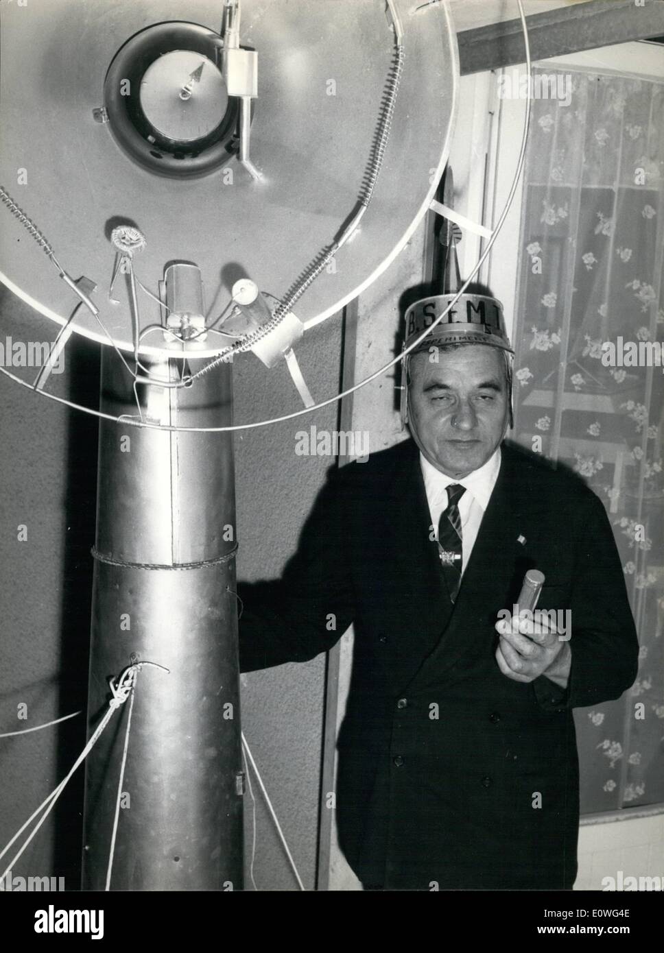 Nov. 11, 1962 - Thanks to a mysterious machine invented by Mr. Eugenio Bonicioli, the ''big atomic war'' will be avoided! The machine called ''Fluid Magnetic'' is able to keep away from the two ''big K'' responsible of all the world destiny. The terrible thought of the war! Here the inventor near his machine, that has also the capacity to keep away the thunderbolts. Stock Photo