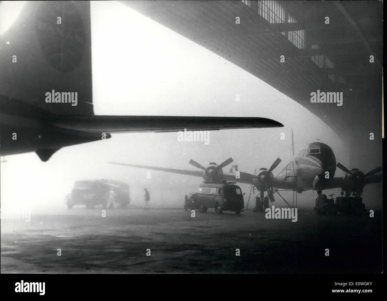 Sep. 09, 1962 - Berlin Air-Traffic through Fog very much hindered, till five hour lateness. The heavy ground-fog, which is in the early morning-hours in Berlin in the last days, hindered the air-traffic very much. On Sunday (30.9.) there where till to five hours lateness in the air-traffic from and to the Westberliner airplaces Tempelhof and Tegel. On the central-airplace Tempelhof the air-traffic could start at 12 o'clock in the noon. The passengers f the early machines at 7 o'clock had to wait till to fie hours Stock Photo