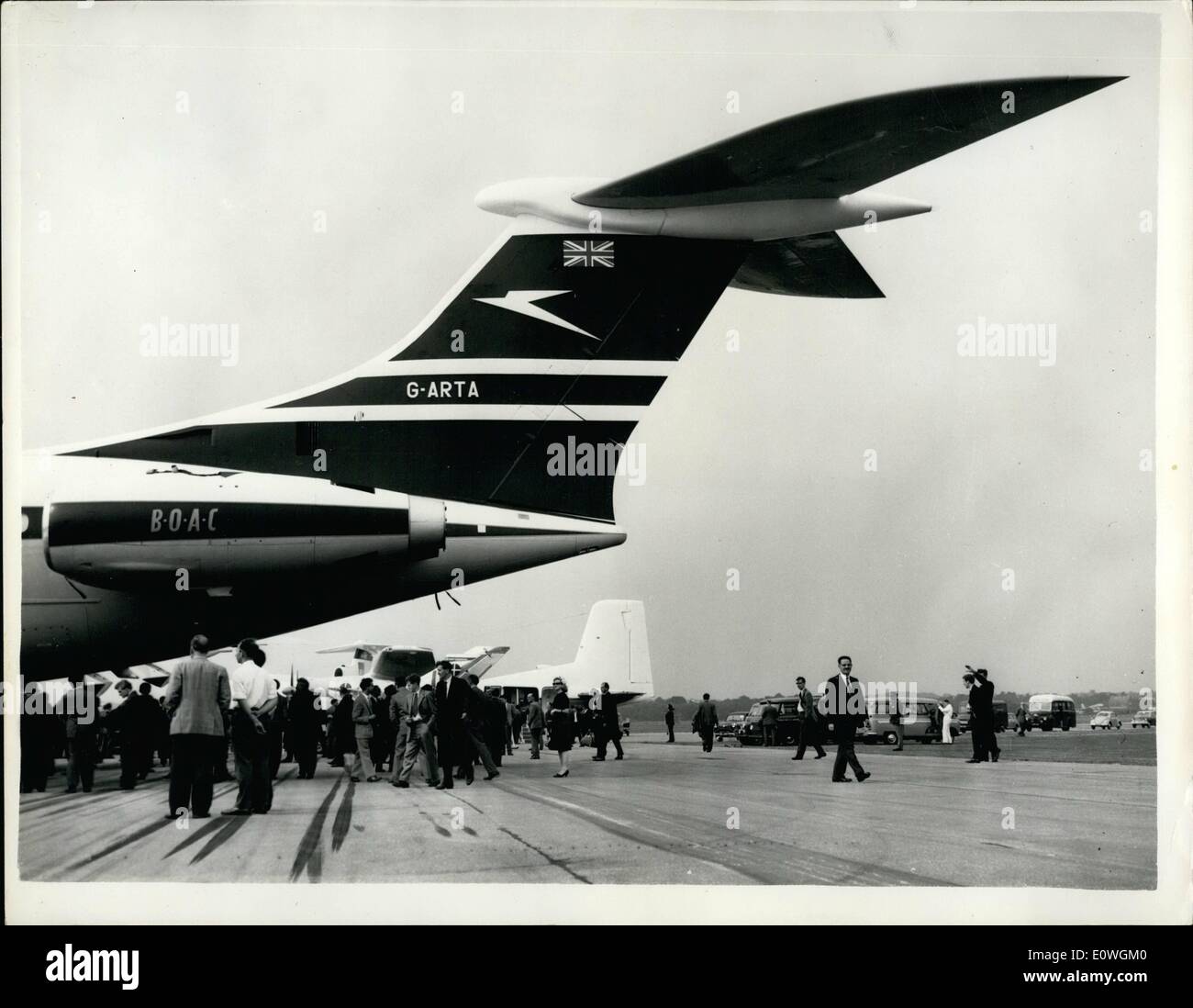 Sep. 09, 1962 - Preview Of The Annual Farnborough Air Show Today. Photo shows The tail section of one of the new VC-10 aircrafts on show at the preview today. The VC-10, powered by four Rolls Royce Conway R.Co. 42 engines, is claimed to be the world's most powerful big jet airliner. Stock Photo