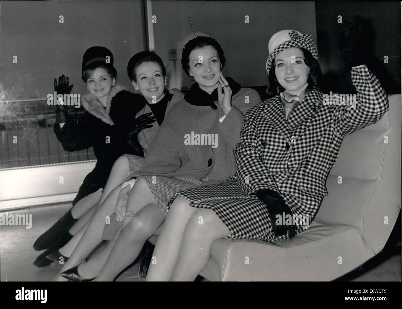 Dec. 12, 1962 - Left to right: Miss Uruguay, Marie-Noelle Genoveso; Miss England, Sue Burgess; Miss Sweden, Margareth Melin; and Miss France, Monique Lemaire. Stock Photo