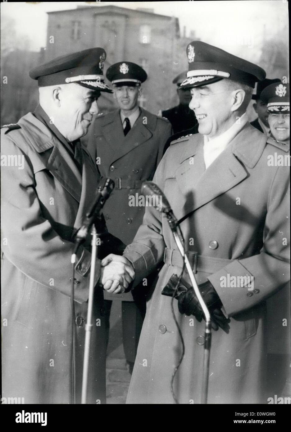 Dec. 12, 1962 - New American Town Commander for Berlin. On Sunday (2.12.) Major General James H. Polk arrived at Berlin. Major General Polk was till the end of November commander of the 4th American tank division in western Germany, and now he will be the successor of Major General Albert Watson. the official surrender is in January 1963. OPS: Major General Albert Watson, left, and Major General James H. Polk on the railway-station in Berlin Lichterfelde. Stock Photo