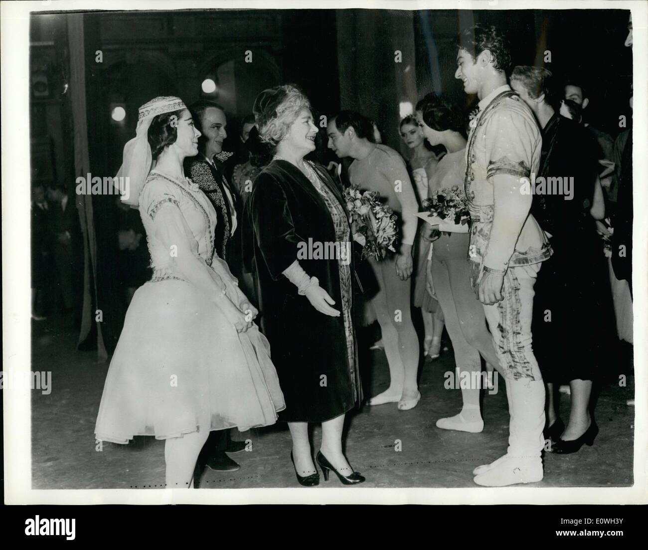 Dec. 12, 1962 - Queen Mother Attends Dancing Gala Matinee... Dame Margot And Her Hungarian Partner: Queen Elizabeth and Queen Mother and Princess Margaret last night attend the Royal Academy of Dancing Gala Matinee -- at the Theater Royal,Drury Lane. Photo Shows Dame Margot Fonteyn presents Viktor Rona Hungarian partner -- to the Queen Mother at the Gala Matinee last night. Stock Photo