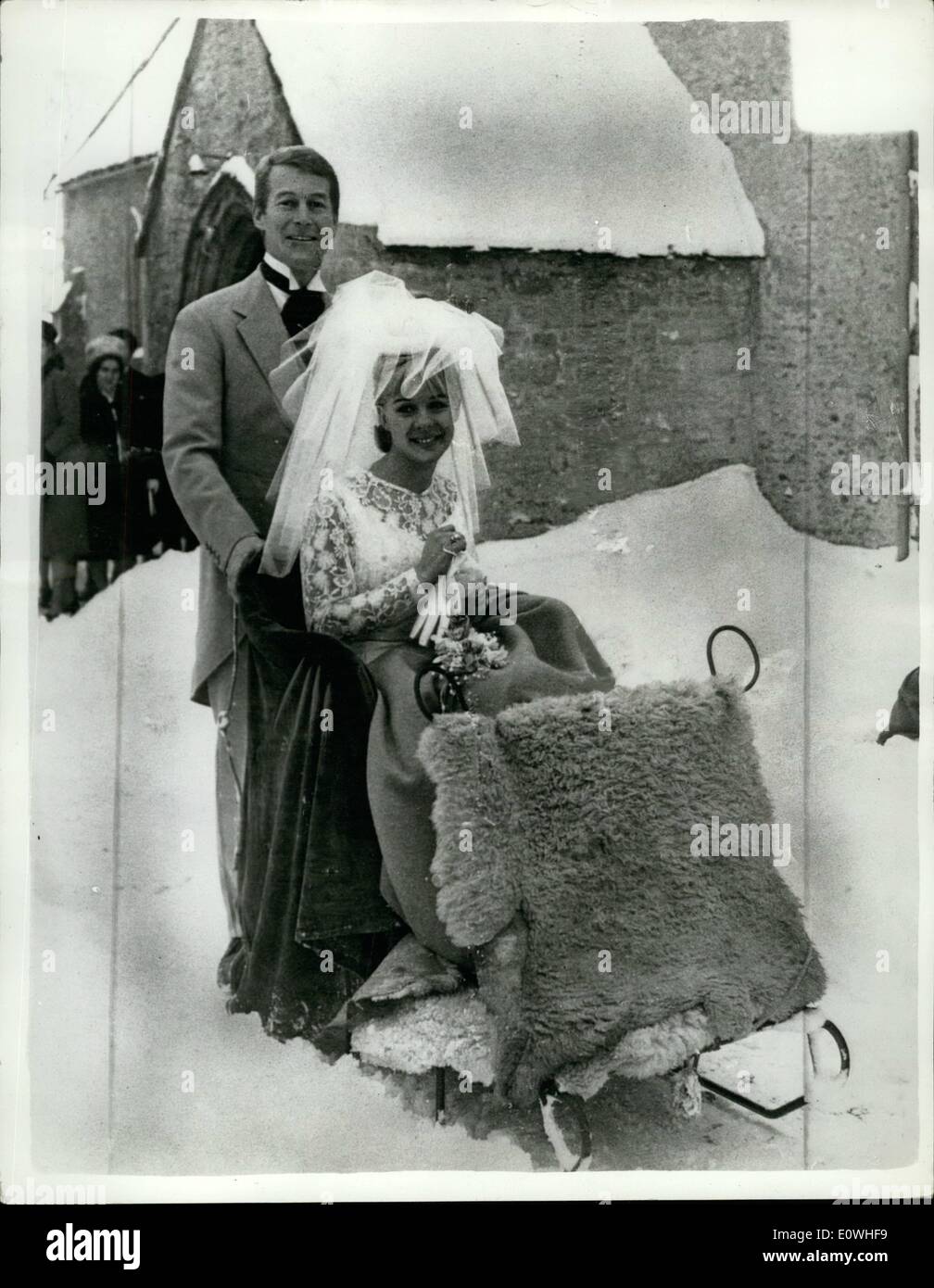 Jan. 01, 1963 - June - The Sparkling Sleigh-Bride Wedding in the Snow: Film star June Ritchie had a fairy-tale wedding yesterday. She left the Church on a sleigh pushed over the glistening snow by her bridegroom 28 year old merchant banker Mr. Marcus Turn bull... June, the film ''A Kind of Loving'', was married in the village of Broughton Poggs, Gloucestershire.. A Rolls-Epyce had towed her to Church in the Sleigh. June had one disappointment on her wedding day - her her mother could not turn up in time for the ceremony - she was stranded at Cheltenham - 30 miles away. Stock Photo