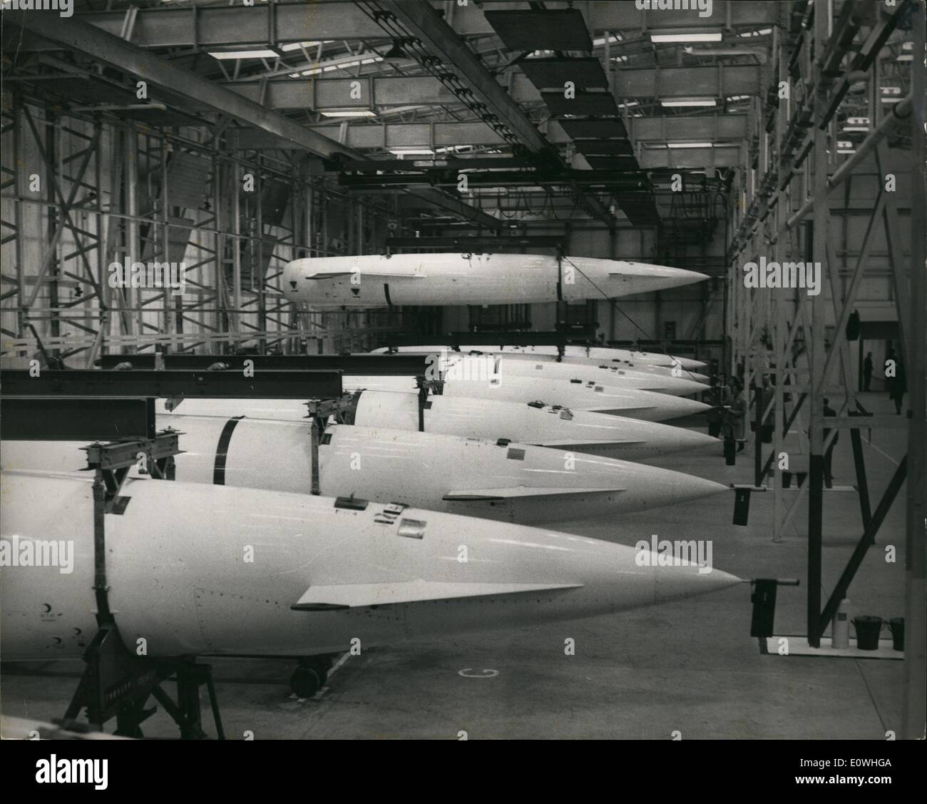 Feb. 02, 1963 - ''Blue Steel'' shown to the press at R.A.F.Scampton general view in the Missile Store : Member of the press paid a visit today to the secret 'V' Bomber at Scampton - where they were shown ''Blue Steel'' the British Nuclear Warhead - which will be carried by the R.A.F's Vulcan and Victor Jet Bombers. The Commander-in-Chief Bomber Command - Sir Kenneth Cross said that in tests - Blue Steel had exceeded the specification in respect of range - accuracy and reliability. Stock Photo