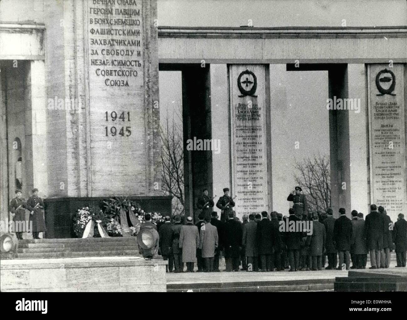 Feb. 02, 1963 - To the 45, memorial day of the Soviet army, today (23.2) delegations from the Soviets and from East Berlin lay down wreathes on the Soviet memorial in West Berlin. Also a honour guard and a music band of the Soviet Army takes part. The Soviets where coming with 6 Busses and much cars over the Check Point Sandkrugbrucke to West Berlin. Photo shows The delegation before the Soviet memorial. Stock Photo