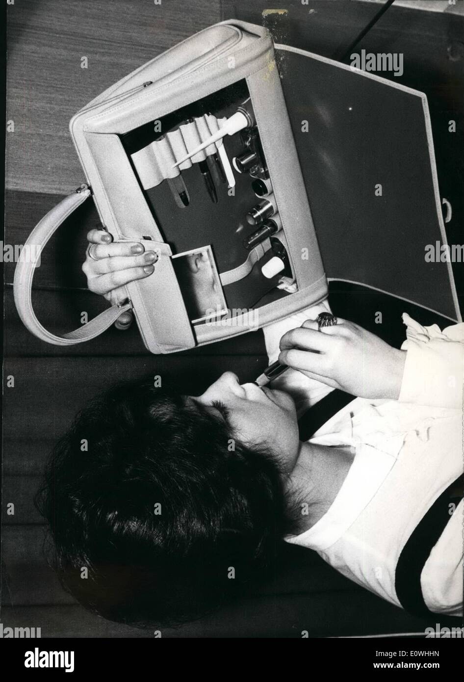 Feb. 02, 1963 - A portable beauty parlour.. can be owned by everyone with his new ladies bag with make-up box which is a novelty on display at the Leathergoods Fair in Offenbach, Germany. Stock Photo