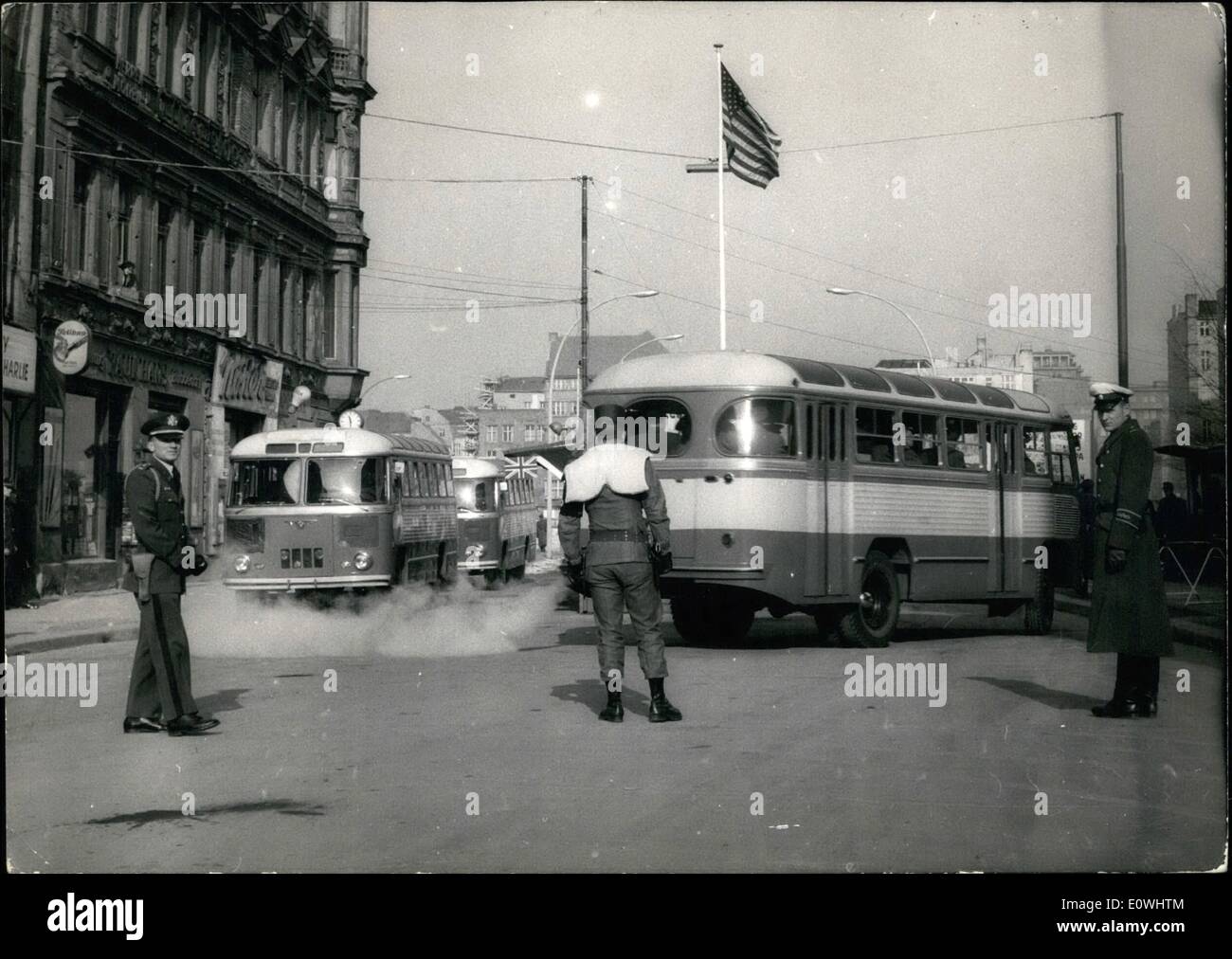 Feb. 02, 1963 - Russian - bus has to return on check-point-Charly.: American military - police stopped four Soviet military- buses on Saturday -noon (23.@.) on check - point- Charly, when they wants to drive to West Berlin, to the Soviet memorial in the British sector. The busses could not pass and returned after a wait-time from 45 minutes in the East sector. The US military police stoped the cars on request of the British military - authority, after that the Soviet announced the British, that they take the ''Shortest way'', this is about check-point- Sandrugbrucke in the British sector Stock Photo