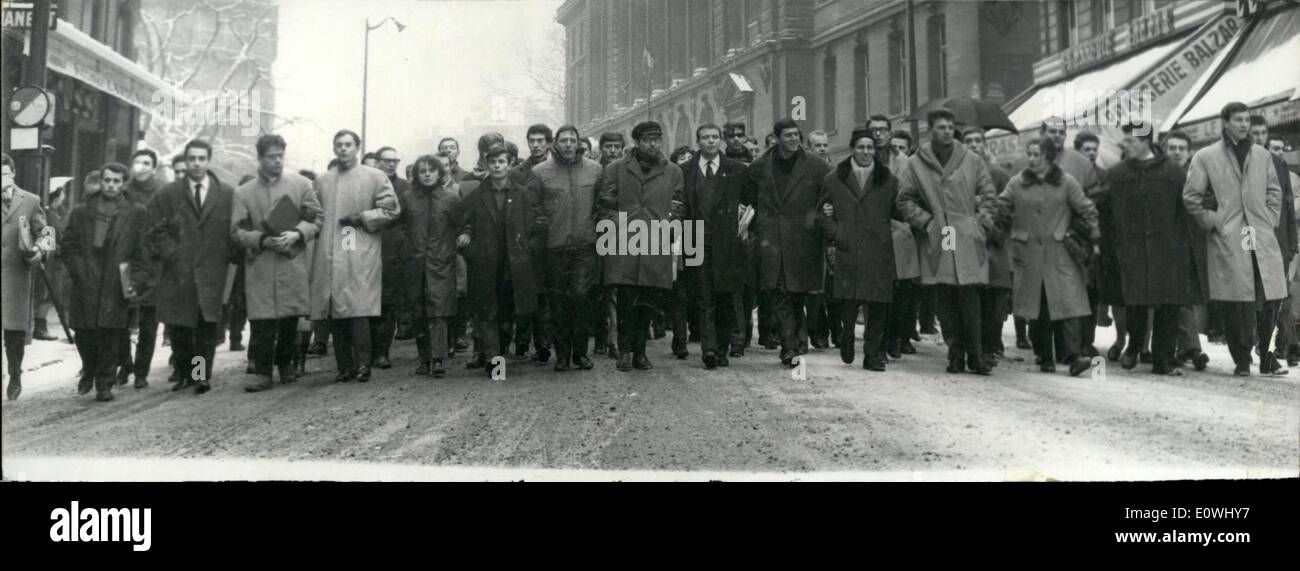 Feb. 19, 1963 - Students Meeting At The Sorbonne: After Arrestation Of The President Of U.N.E.F., Mr. Roure, Yesterday After-Noon, A Meeting Of Protestation Was Organized At The Sorbonne By Students To ''Protest Against Attempts Contrary To Syndicated Liberties''. Photo shows After The Meeting At The Sorbonne A Delegation Of Students Marching Toward The Boulevard Saint-Michel. The Police Dispersed Them Later Without Any Incidents. Stock Photo