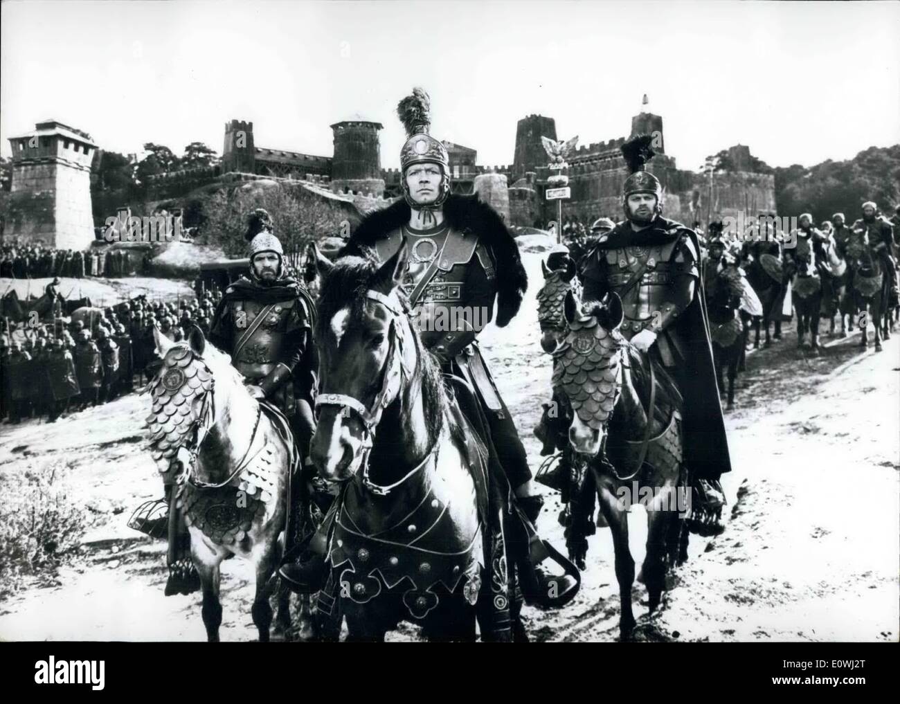 Mar. 03, 1963 - ''The Fall Of The Roman Empire'' Screened: Near Madrid Anthony Mann Is Directing The Super-Production ''The Fall Of The Roman Empire'' Starring Sophia Loren, Alec Guinnes And Stephen Boyd As Livius. Photo shows A Moment Of The Picture, From L To R. : Andrew Keir As Polybyus, Stephen Boyd As Livius And George Murcell. Stock Photo