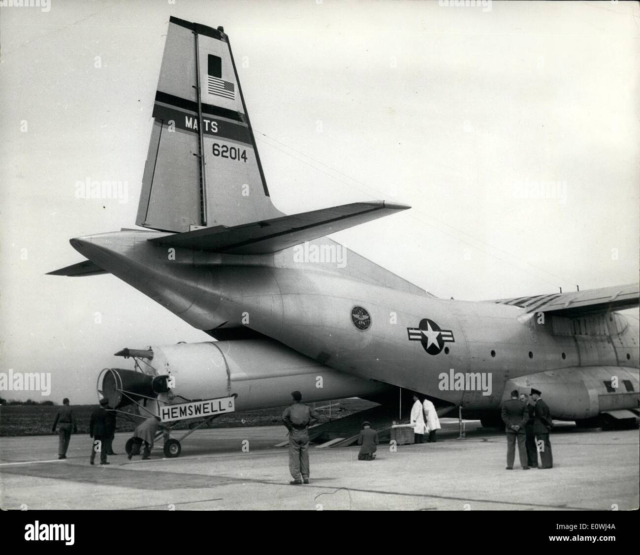 May 05, 1963 - Thors Go Back To The USA: The USA Thor missile bases at Driffield and Hemswell are being made non-operational and the birds are going back to the USA. Photo shows One of the Thors being loaded flight back to the USA at Hemswell, Lines., yesterday. Stock Photo