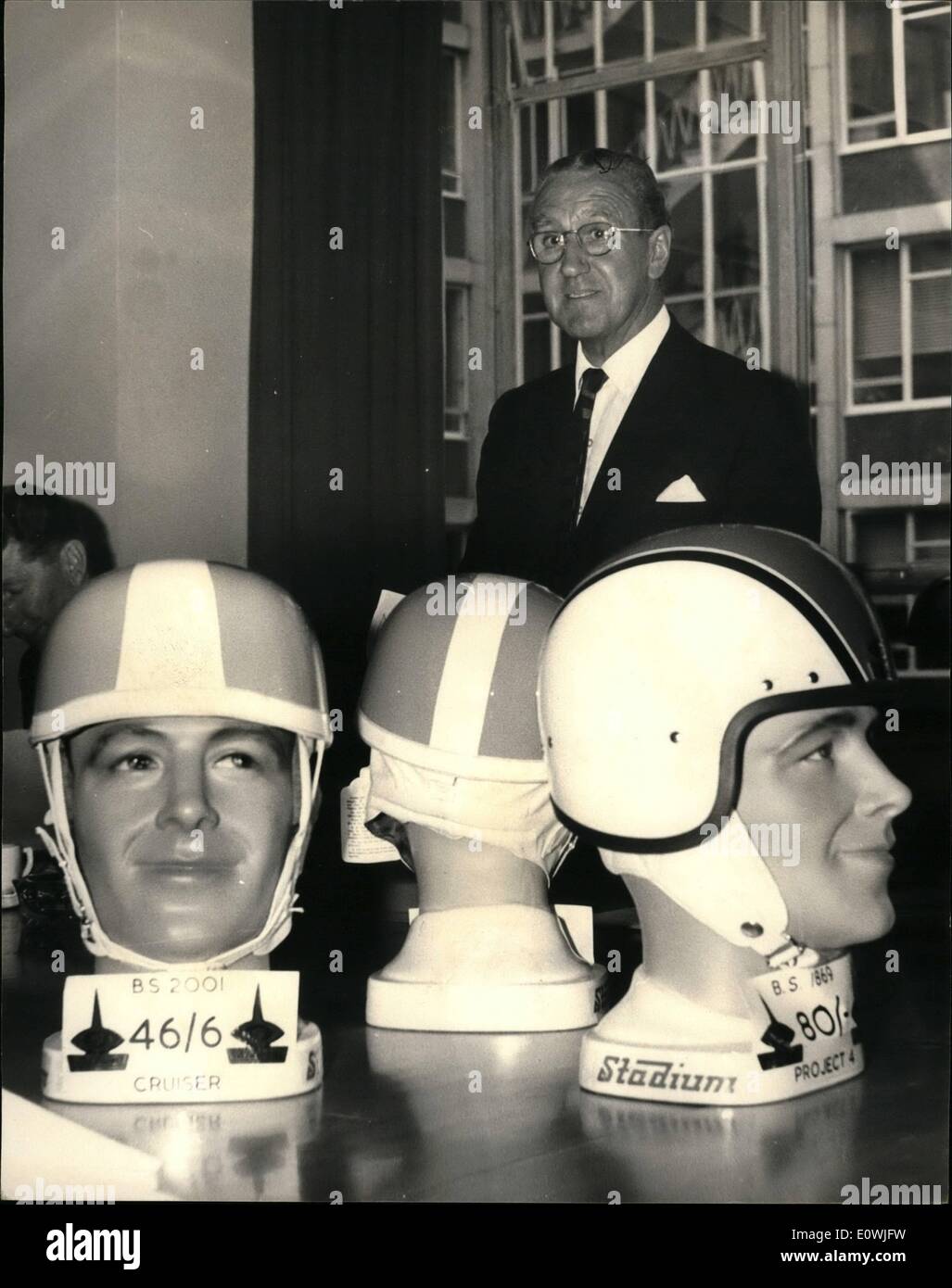 May 27, 1963 - 27-5-63 Mr. Marples launches campaign for safety helmets. Transport Minister Mr. Ernest Marples today launched a six-month campaign to encourage motor cyclist to wear safety helmets. The Minister has the power to make the wearing of safety helmets compulsory, but wants to try to persuade motor cyclists to wear them voluntarily. Photo Shows: Mr. Marples speaks at the press conference. Stock Photo