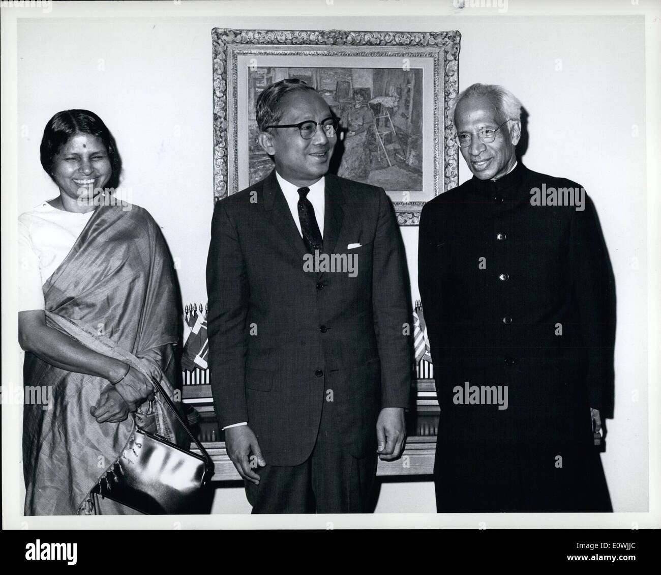 Jun. 06, 1963 - President of India visits United Nations Headquarters: The President of the Republic of India, Sarvepalli Radhakrishnan, paid an official visit to United Nations Headquarters today. The Indian President was accompanied by Mrs. Lakshmi N, Menon,Minister of State for External Affairs, and Ambassador B.N Chakravarty, Permanent Representative of India to the United Nations. President Radhakrishnan (right), is seen here with Secretary General U Thant, and Mrs. Lakshmi N. Menon. Stock Photo