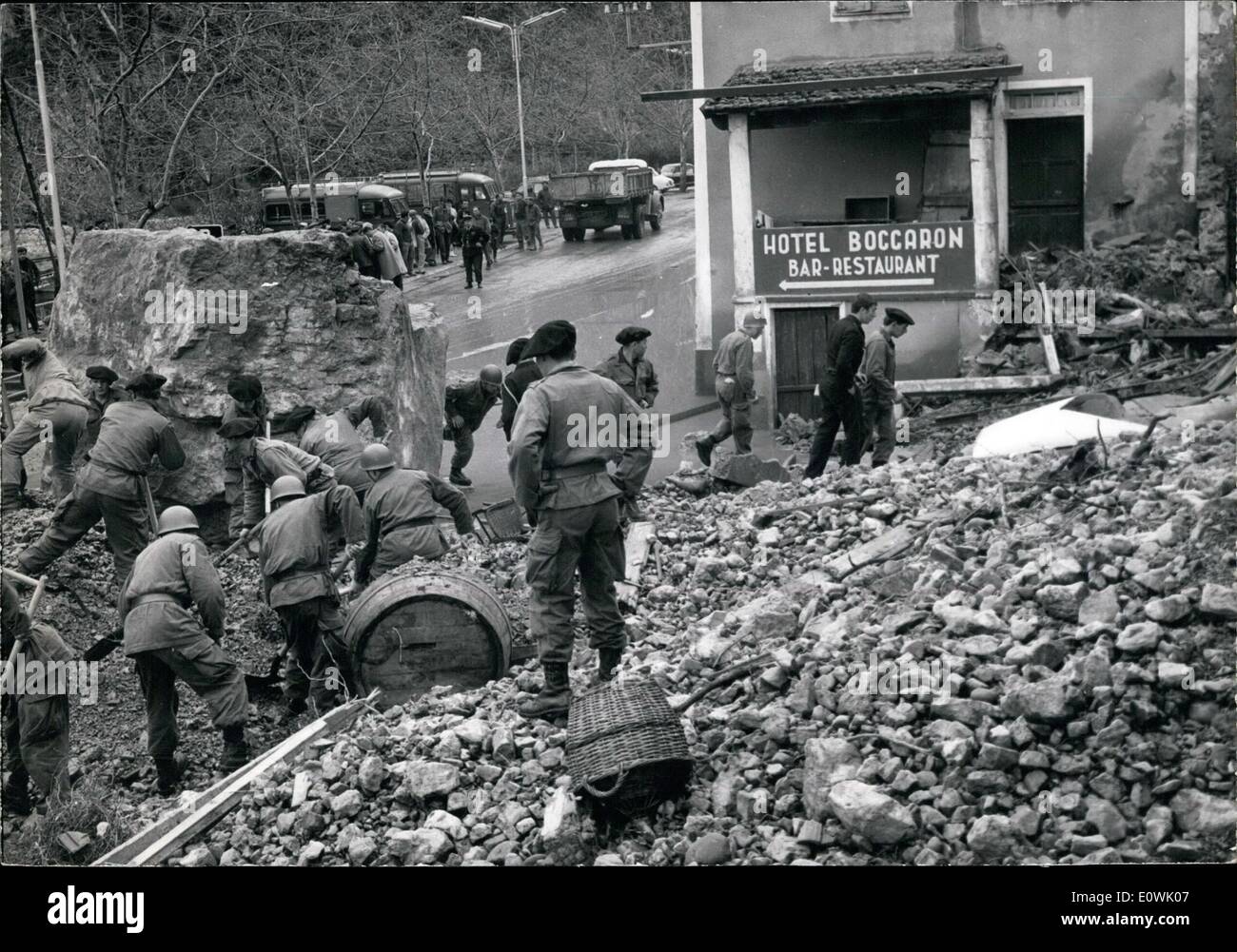 Apr. 04, 1963 - Catastrophic Landslip At 25 KM From Nice: An important land-slide occurred at Plan Du-Var early in the morning and due to the heavy rains. Blocs of Rocs and Earth feel upon the houses situated on the Highway N 202 houses and cars where damaged and reports signal 2 death cases and two wounded ones. Photo shows A vieum of the catastrophe. Stock Photo