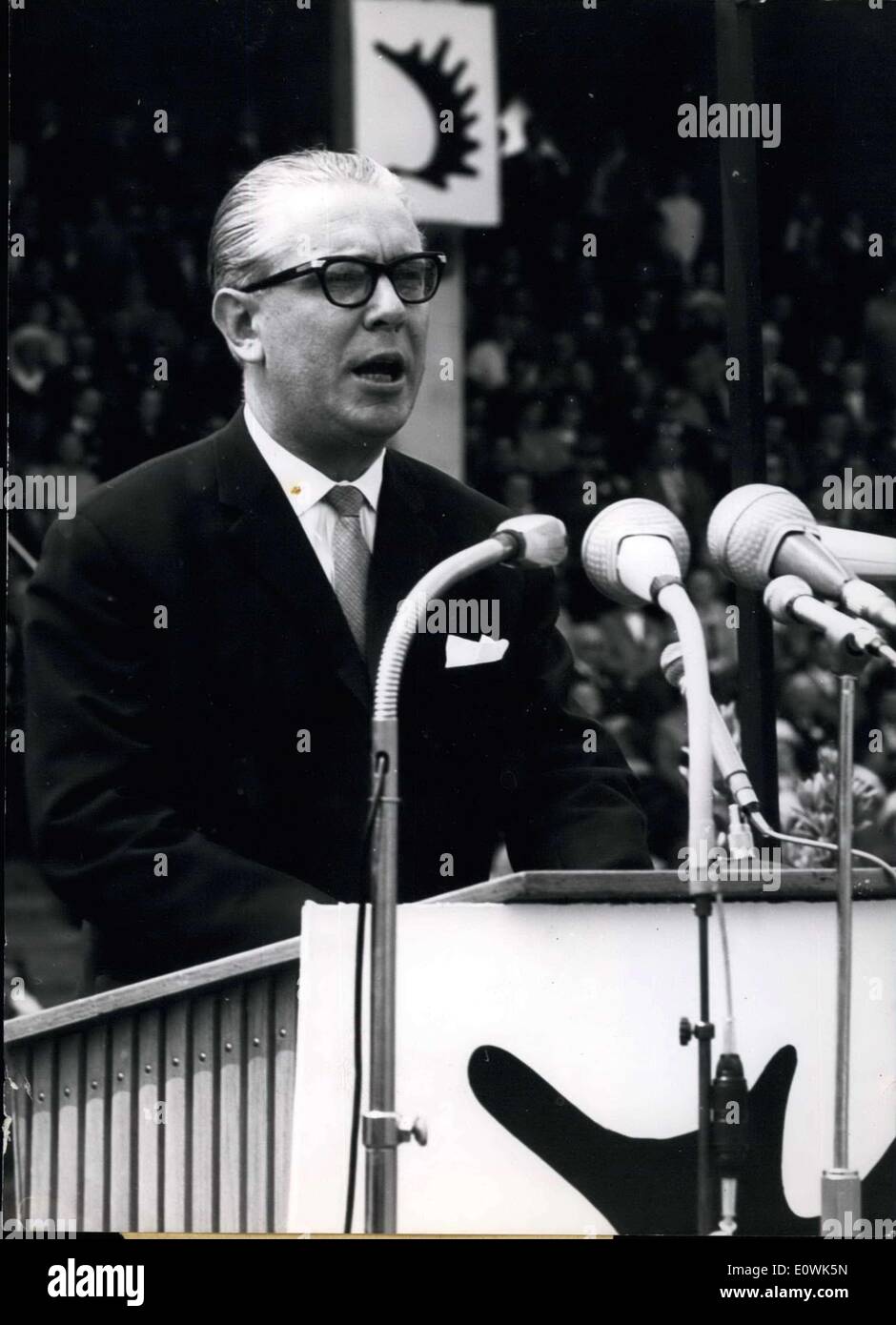 Jun. 16, 1963 - Ostpreussen Deutsch und Frei! The large rally of East Prussians took place under this banner in Duesseldorf's Rheinstadion on 6-16-1963, East Prussian Day. As representative of Chancellor Dr. Adenauer, pictured here is Defense Minister von Hassel. Here he is giving words of welcome at the rally. Stock Photo