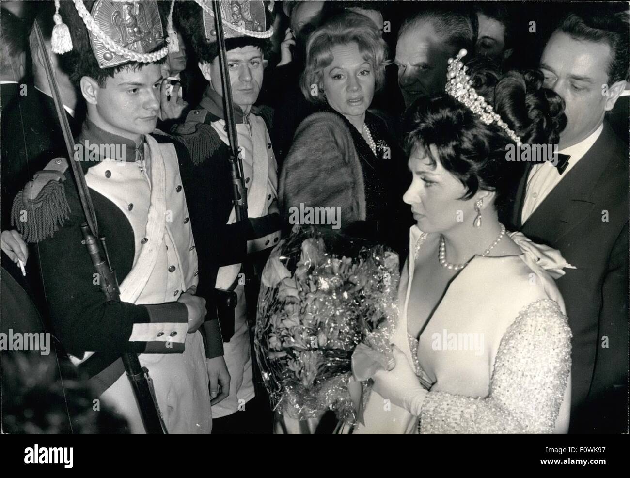 Apr. 04, 1963 - Gina Lollobrigida: ''Venus Imperials'': Gina Lollobrigida was present at yesterday's first-night show in Paris of her latest picture in which she plays the part of Pauline Borghese, favorite sister of Napoleon I.and for one evening she became he most Bejeweled woman in the world:Wearing a jewels valued altogether for 2 milliards Old Francs.. and an empire-styled evening gown designed by Marc Bohan (Dior) Photo Shows Gins Lollobrigida at her arrival. Stock Photo