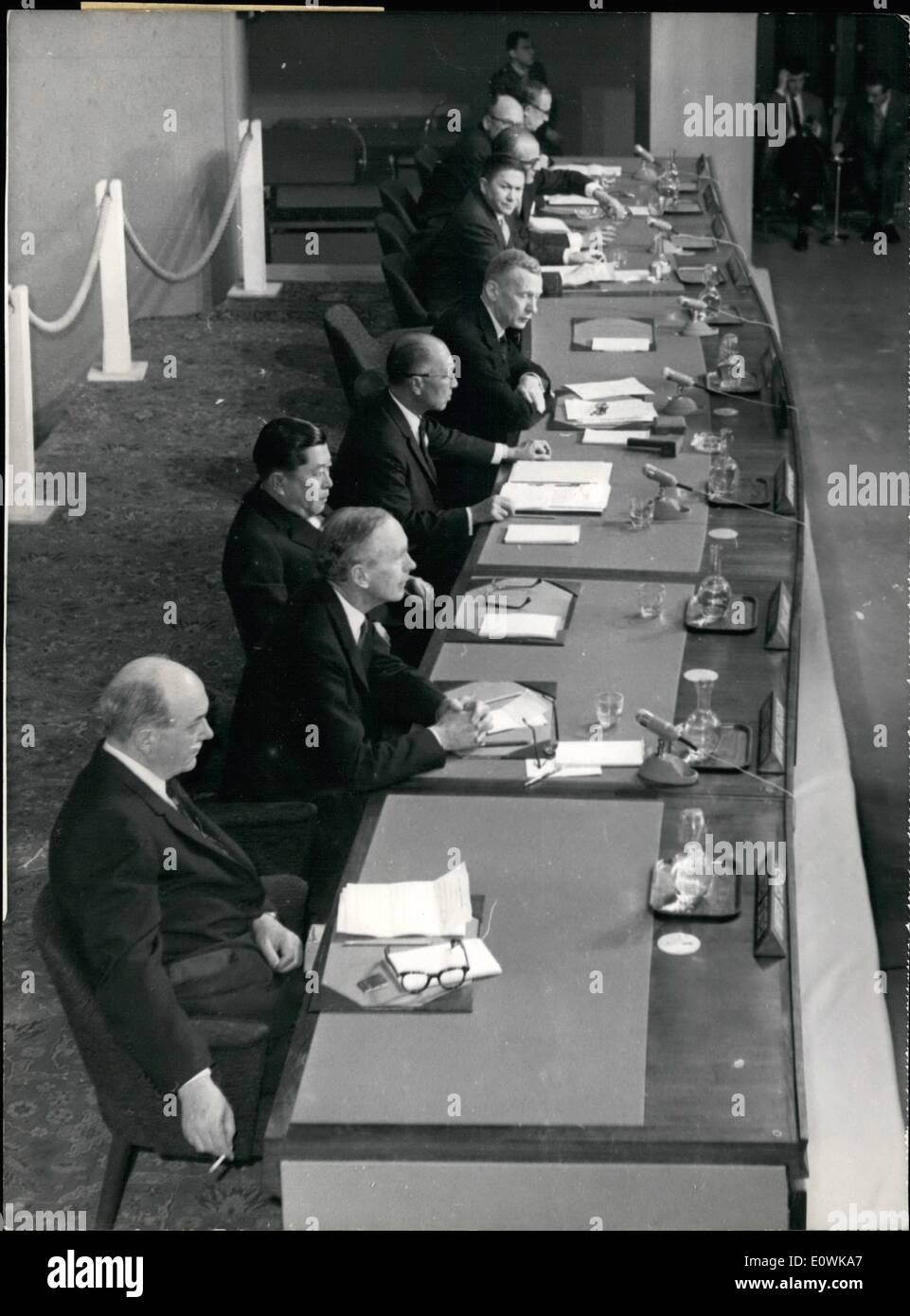 Apr. 04, 1963 - The opening session of SEATO: This morning took place the opening session of the SEATO, the first since two years, assisted by the Foreign Ministers or their representatives of members of the South-East Asian Treaty Orgainisation. Photo Shows to be seen at the presidential Tribune: From L to R: Mr. Dean Rusk, Lord Home, Mr. Thanat Khoman (Thainde) Mr. Pote Sarasin (SEATO's Thailandese General Secretary), Mr. C. De Murville, etc. Stock Photo