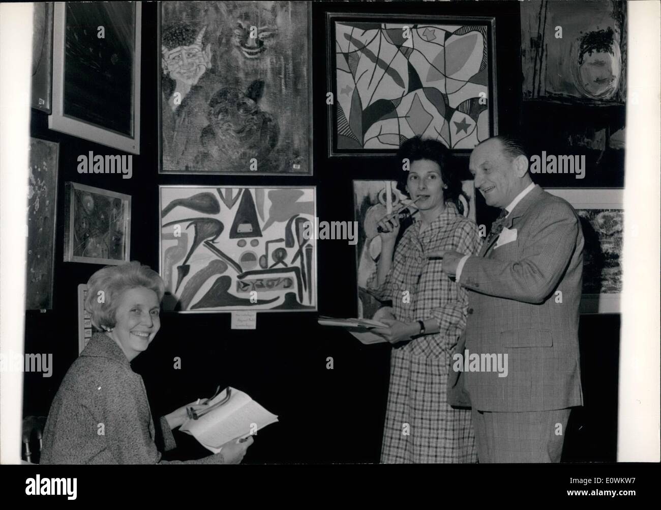 May 05, 1963 - Paintings.......This UIs Their Hobby: Like last year, many Donors answered the call of the association of the friends of the Aliah of Youth, under the presidency of Baronne Alix De Rothschild. Thus an exposition sale was organized to-day at the Galleria Charpantier in Paris o Famous People's paintings done as a hobby. Amoun of sales will vbe given to Israel to make possible immigration of Children who have suffered from war Consequences. Sunday pianter's name sound as Rene Clair, Francoise Sagan. Pasteur, Vallery-Radot, Etc Stock Photo