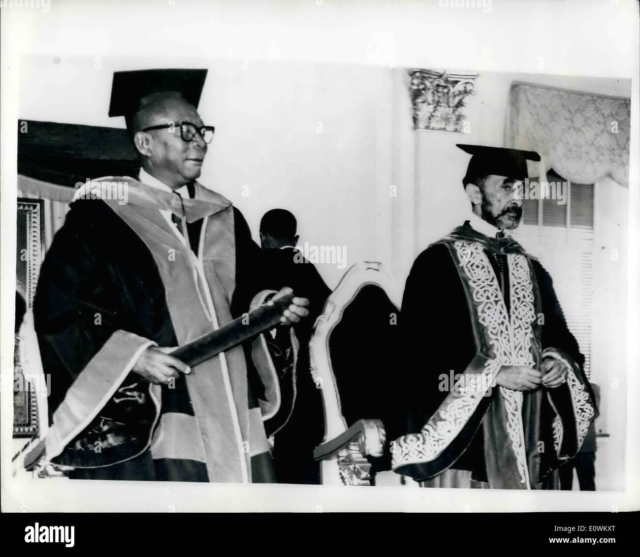 May 05, 1963 - President Tubman Honoured.: H.K.President William Tubman of Liberia, who is in Addis Ababa, Ethiopia, for the All-African Summit Conference, has been conferred with an Honorary Doctor of Law Degree at the University. Photo shows.: President Tubman (left) with Emperor Haile Selassie after receiving his Degree. Stock Photo