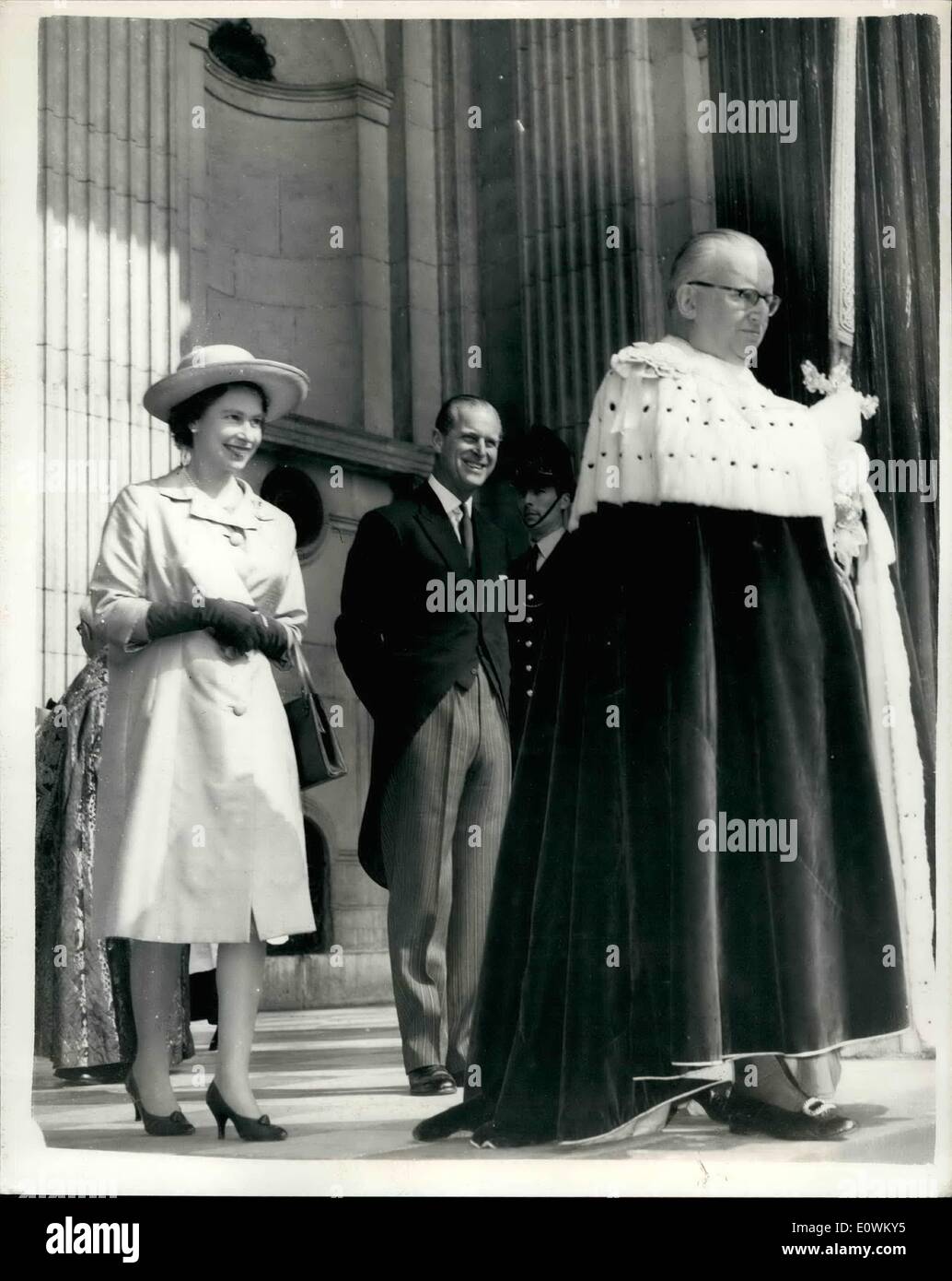 May 05, 1963 - Queen and the Duke at Thanksgiving for Marriage Service: The Queen and the Duke of Edinburgh today attended a ''Thanksgiving for Marriage'' service at St. Paul's Cathedral which marked the end of Christian Family Year. Photo shows The Queen and the Duke of Edinburgh smile at the Lord Mayor Sir Ralph Perring after the service today. Stock Photo