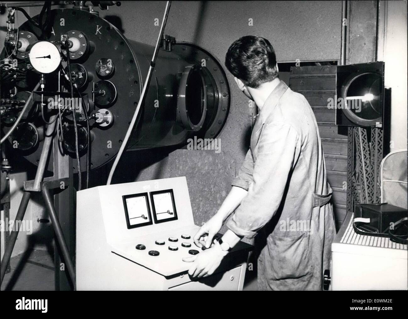 Jul. 07, 1963 - Our photo shows The arc jet engine is tested in a space simulation chamber. A mirror views how the engine works. in foreground the command stand. Stock Photo