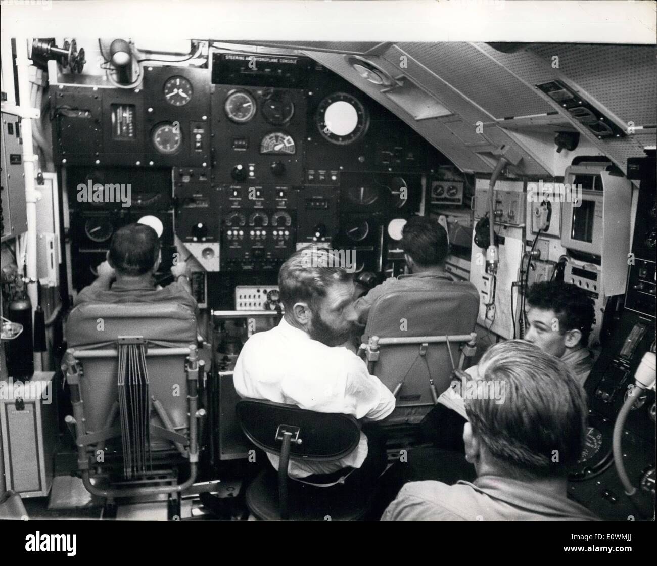 Sep. 09, 1963 - Deadnought at Sea; Britain's first nuclear powered submarine , ''Dreadnaught'' was exercising in the English Channel yesterday. Photo Shows The Control room, showing the aircraft type of steering system used to guide the Dreadnaught. Stock Photo